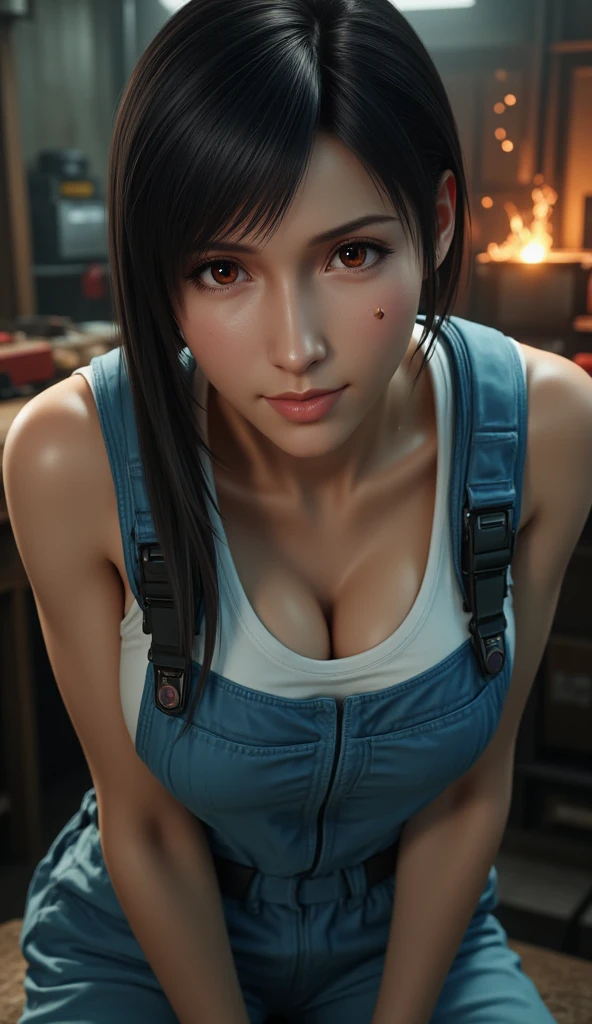 realistic,best quality,(masterpiece:1.2),absurdres,(1girl, solo), Street photography photo of a stylish m1xd0ll girl, brown eyes, portrait, freckles, tan skin, shot from a high angle, plung30v3r4ll,crop tank top, denim, deep v overalls, underboob, baggy overalls, on a Sony A7111, with a (bokeh effect:1.3),(in the style of Liam Wong:1.4) <lora:plung30v3r4ll:0.75>, <lora:m1xd0ll:0.7> <lora:add_detail_2:0.8>
