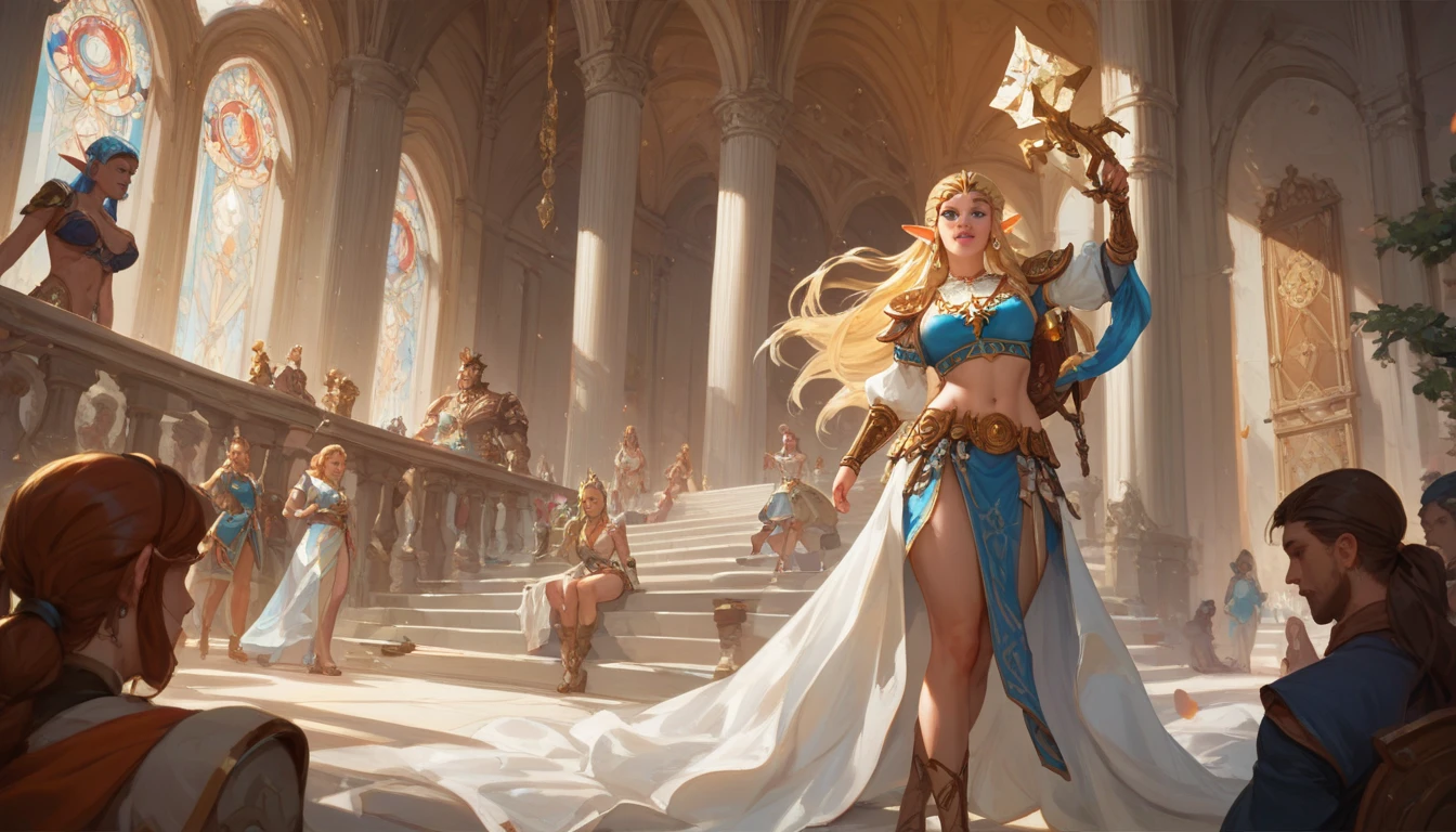 incruir na inlustração, elf woman running in the center anime type figure combined with illustration