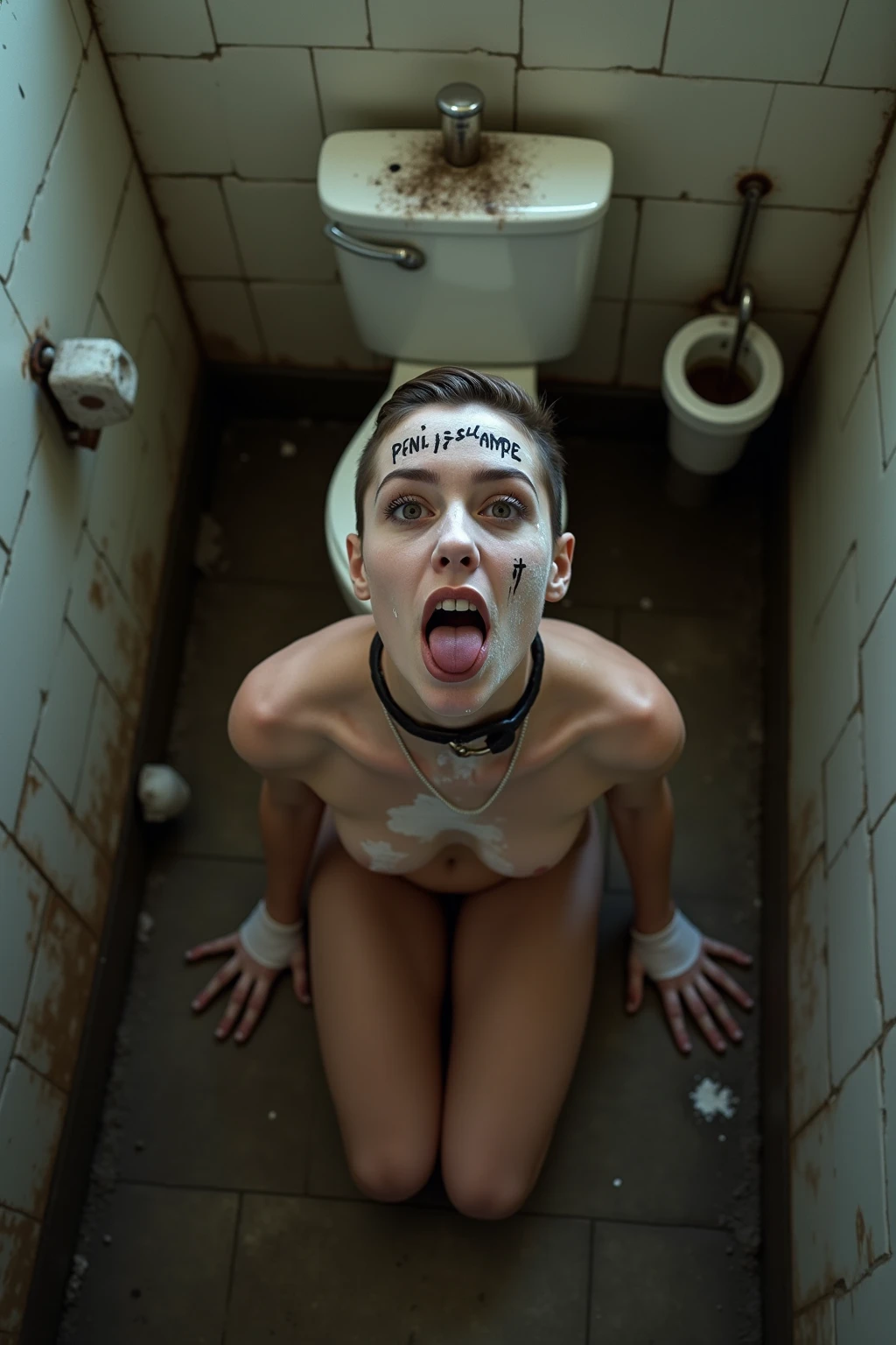 Pale skin black bun hair Kurdish nude girl sitting in toilet 