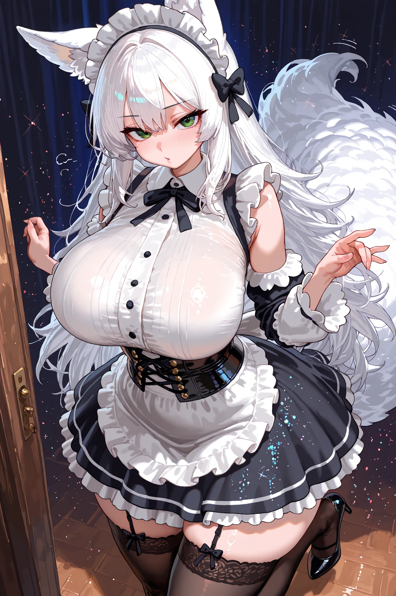 best qualtiy,tmasterpiece,The is very detailed,4K,Gray hair and shallow eyes,Drag cool expressions,Wolf ears,Erect scar on the left eye,British style,1girl,Absolutely beautiful, huge breasts, white costume, ear ribbon