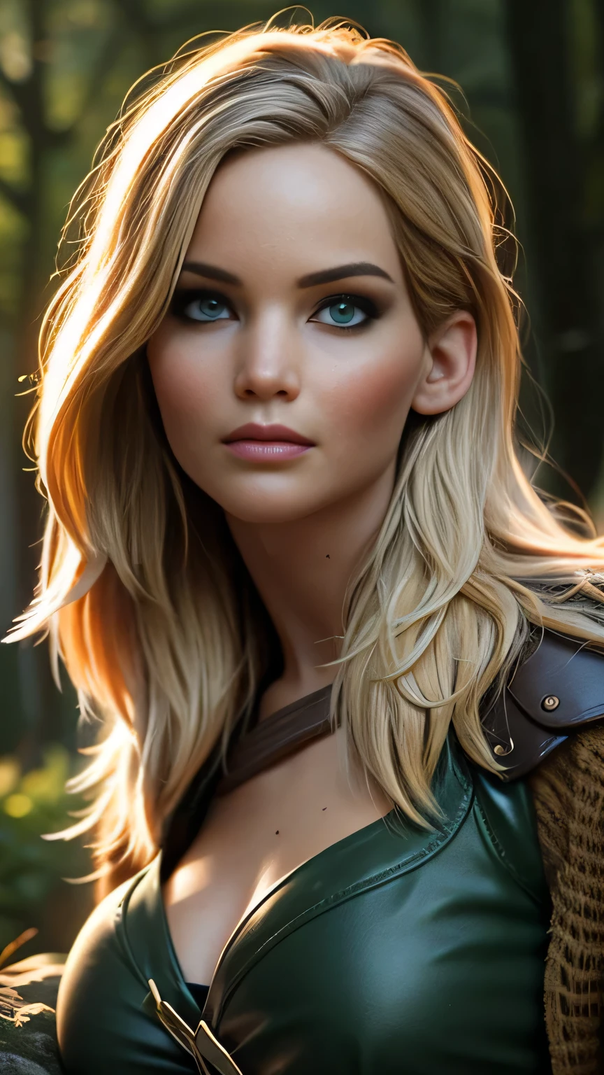 RAW digital art, ultra-realistic 3D render of a stunning woman resembling Jennifer Lawrence, ((highly detailed face:1.3)), flawless skin texture, expressive eyes with subtle reflections, soft shadows and cinematic studio lighting, Pixar-inspired style blending vibrant colors with realistic details, smooth yet detailed hair strands, perfectly portioned body, large perfect breasts, cleavage, (wearing a woodland ranger’s outfit of green leather armor reinforced with bark and moss, a quiver of arrows across the back, knee-high boots laced with silver cord, standing on a rocky cliffside overlooking a vast valley of pine forests, waterfalls cascading below, hawks circling in the sky: 1.25), (wide-angle shot, focus on breasts: 1.75), Standing with one hip slightly popped, one hand resting on her waist, gaze off into the distance, background softly blurred with warm tones, (8K resolution, intricate textures, sharp focus)