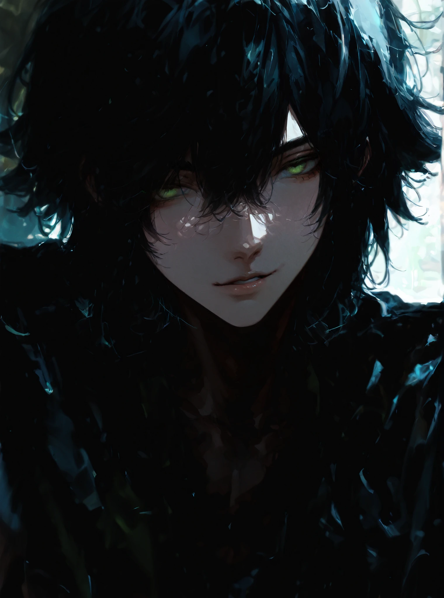 male, boy, looks at the viewer with a seductive look, black hair, green eyes