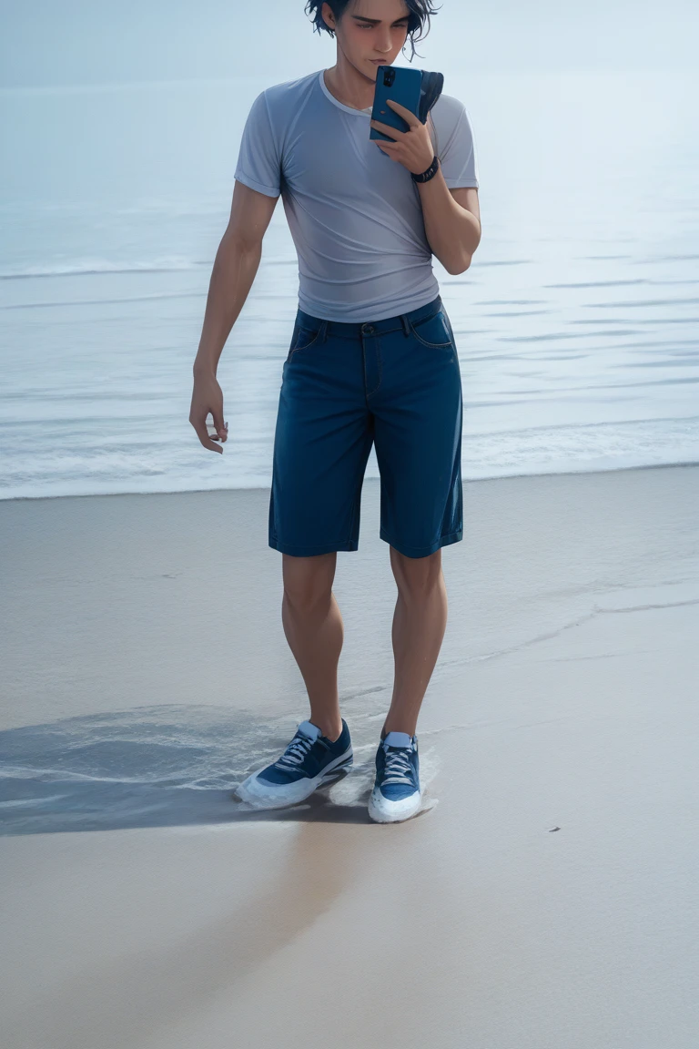 (Create a masterpiece: 1.2),(CGI art:1.3),(realistic:1.5),(After processing:1.3), (Sharp focus:1.3), 1 man, open mouth, smile, (Navy blue round neck shirt), Navy cargo pants, Korean guy , korean men, (High gloss details), looking at the audience, Balancing the eyes, Seaside, beach, sunlight, running towards the camera