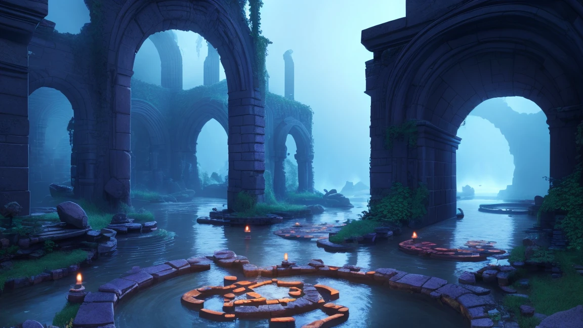 Realistic drawing, Computer visualized graphics, realistic fantasy, Extensive landscape ultra photography (general view, which shows the room, half-wall, (walls, dilapidated walls, ceiling, stone steps leading to the bottom, a small stone ruined platform, a ruined fountain, dried water, broken wooden railings, a ruined fountain in the form of a bowl below, dried water), darkness, night, blurred background, gloomy, blue, dark, purple background, gray,  cold, magical, "Majestic mountains," "Lush forests," "Glittering lakes," "Desert dunes," "Golden sunsets. --auto