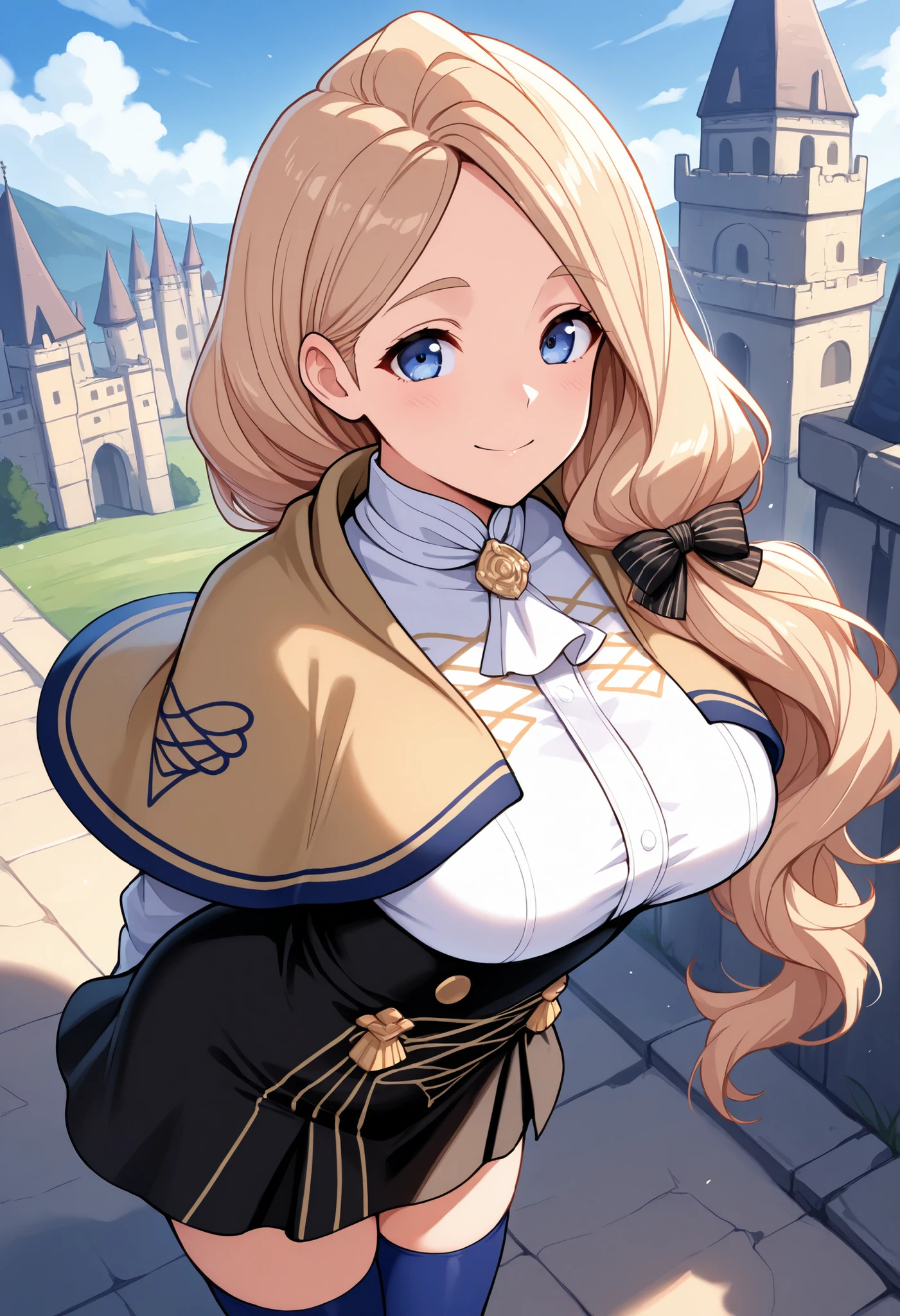 masterpiece, best quality, solo, 1girl, defmcdes, blonde hair, low-tied long hair, hair over shoulder, blue eyes, hair bow, beige capelet, white shirt, white ascot, high-waist skirt, black skirt, zettai ryouiki, blue thighhighs, smile,, looking at viewer, standing, hands behind back, large breasts, outdoors, blue sky, cloud, castle keep, shadow, upper body