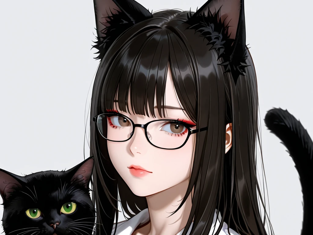 neocruz man with curly hair, long black hair and freshly cut beard, Brown eyes. // inside the office // next to a beautiful junkotvv woman with glasses, wavy black fur, cat ears and red eyes.
