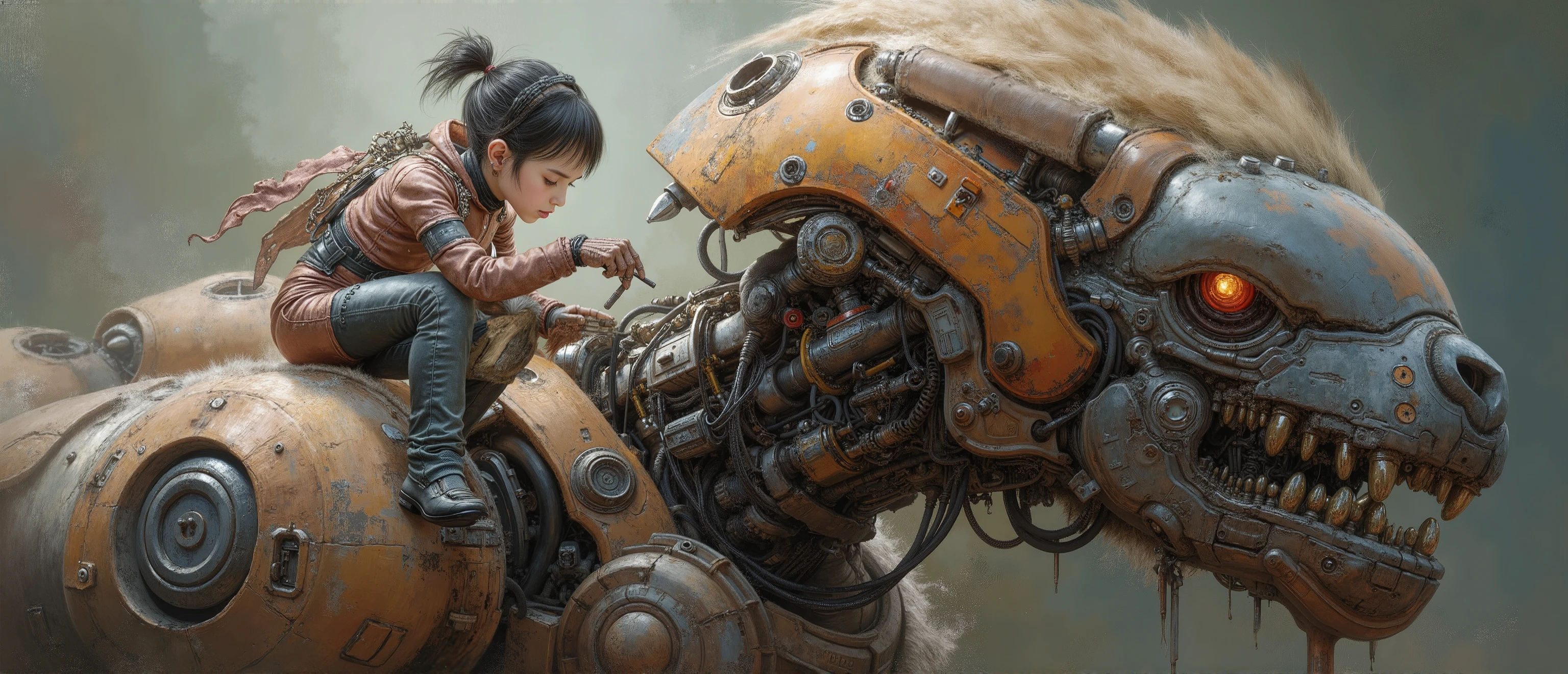 Epic picture High quality, masterpiece、Highest quality、masterpiece, Cyberpunk girl sits on top of the neck of a large fur robot, screwdriver in hand, she lifts the cover of a robot, to look inside the intricate mechanical inner workings of a metal beast.  complex colored paint and surrealism in the epic work, created by artistic geniuses 