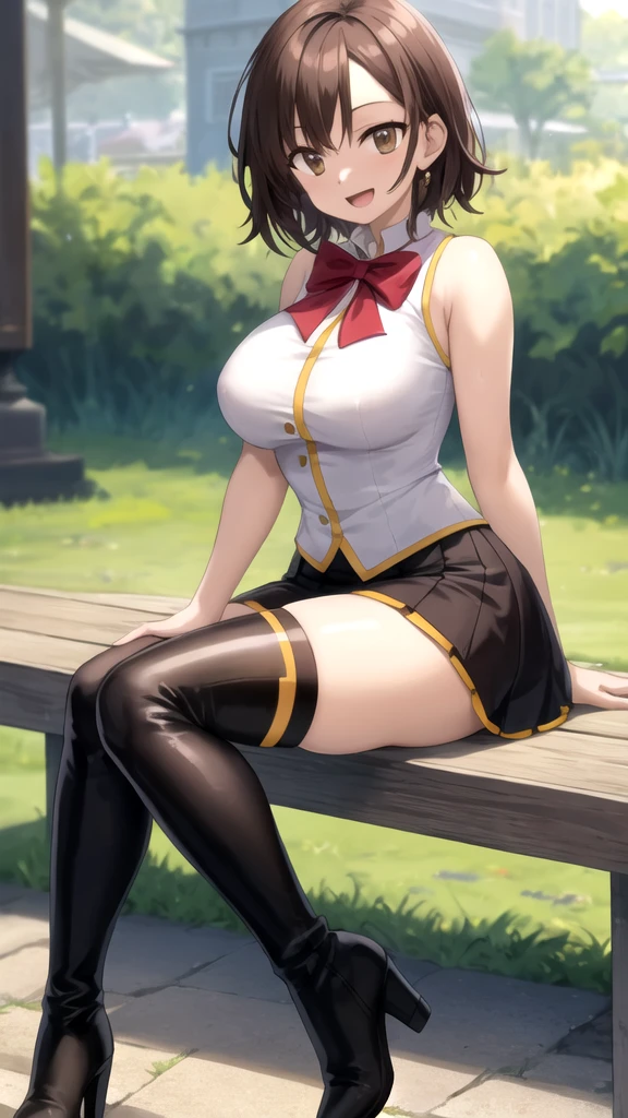(masterpiece, best quality, bright light, ultra detailed, detailed background, complex background), (perfect face, detailed face), (mature woman, milf:1.4), blush all over the face, happy and parted lips, light smile , megumin, 1girl, alone, looking at viewer, short hair, short hair with long locks, red skirt, red, miniskirt, white blouse, gloves, black gloves, thighs, bandages, fingerless gloves , crop top, bandaged leg, nice thighs, single thigh (outdoor, garden, sitting)