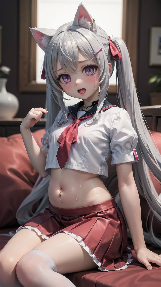 (Best Quality), (masutepiece), (super detailed), Sharp Focus, eyesgod, brown_Eyes, up looking_viewer, Solo, Furry, animal_ear, Upface, tail, School girl, Naked stomach, White bra, White pantie, From below, Navy blue hair, White ears, Purplish red eyes, Thick eyebrows, Baby face, Open mouth, Child girl, Kids, Spread legs apart, back arms, double teeth, MESUGAKI