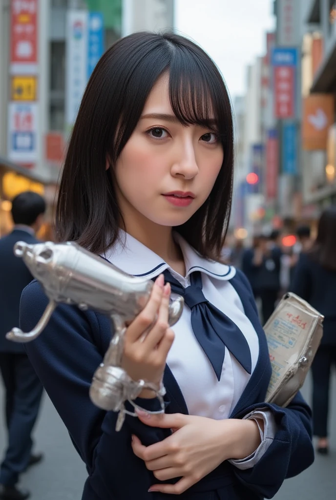 Analog Style, RAWphotograph, photograph, Hyperrealistic, amateur photo shot , Aesthetic artwork, ((Magazine Cover、Large text)), On the city streets, Detailed skin, detailed natural raw light, Very detailedな, Cinematic, highest quality, Super detailed, Very detailed, grain, noise, Heading, stylish, font, Memorable、A boyish and healthy beautiful girl,((Flowing sweat)) Beautiful Eyes, Realistic eyes, Beautiful details in the eyes, (Realistic Skin),Japanese Idols、short hair、(((High school girl)))、choker , (((High school uniform))) , (((small ))) ,(don't wear skirts) , ((( ))), (((holding a Colt Government, M1911))) , (((pointing the gun towards me)))