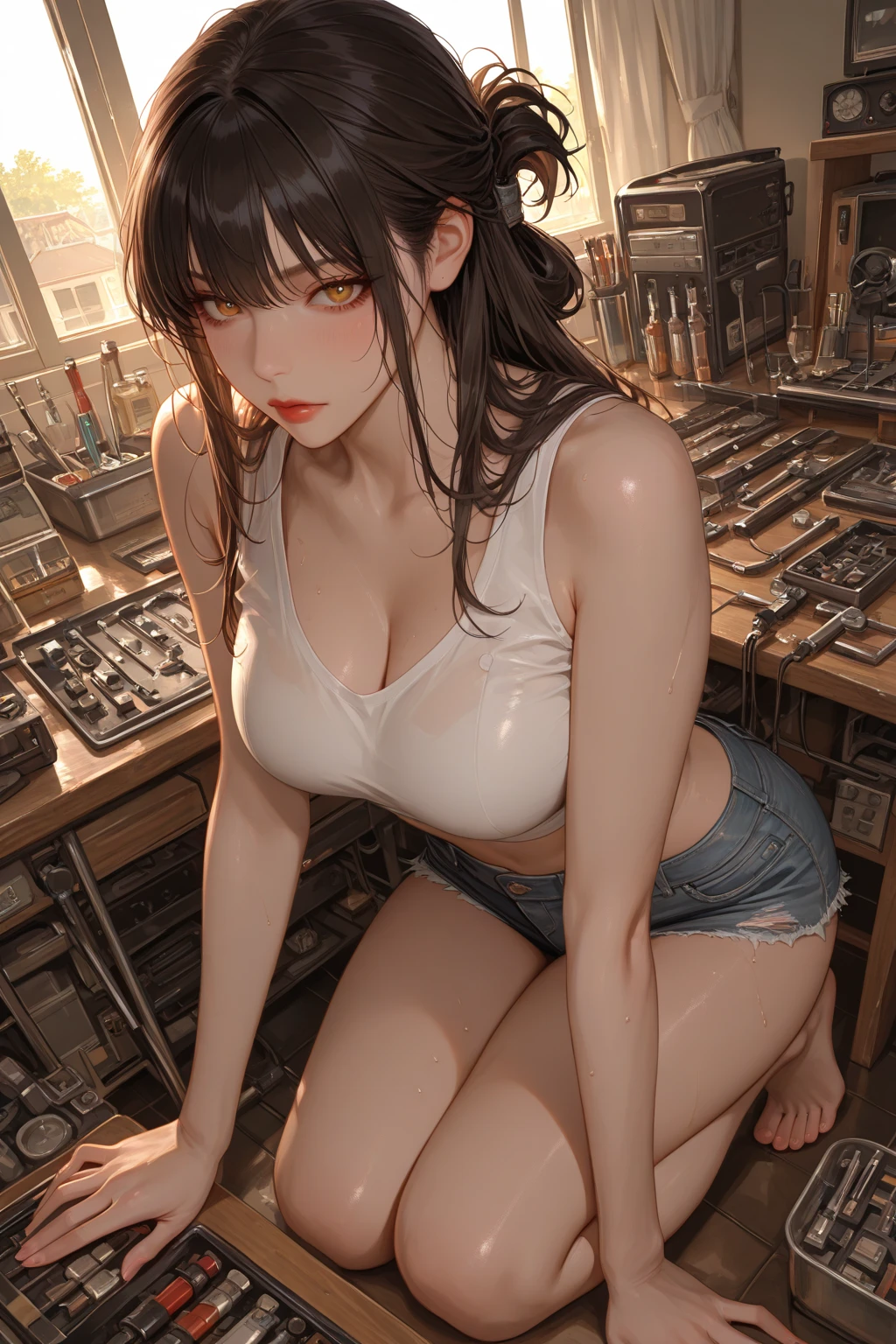 beautiful female, big legs, very big breast, big thighs, looking at viewer, long hair. ripped clothing, clothing torn, lab, science, room, small waist