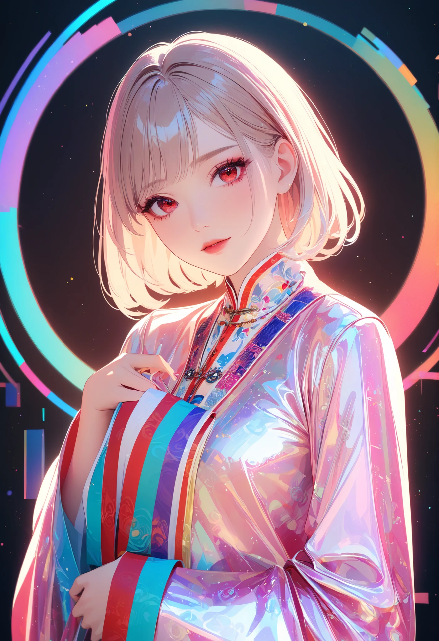 (masterpiece, best quality:1.3), 1girl, detailed face, red eyes, beautiful detailed lips, long eyelashes, delicate facial features, expressive face, detailed skin texture, vibrant colors, cinematic lighting, soft focus, prismatic, holographic,chromati caberration, transparent colorvinyl clothing, (nhat binh clothing, long sleeves, wide sleeves), lens_flare, colorful, Glitch lettering, art, abstractart, geometry, clearlines, squares, bright, limited palette,{canonicalcomposition},neat diagonal,{limited palette},flat colored