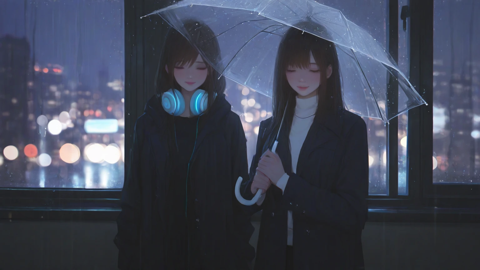 A girl looks at the rainy scenery from a library window、I hope the rain stops soon.。A little melancholy look。