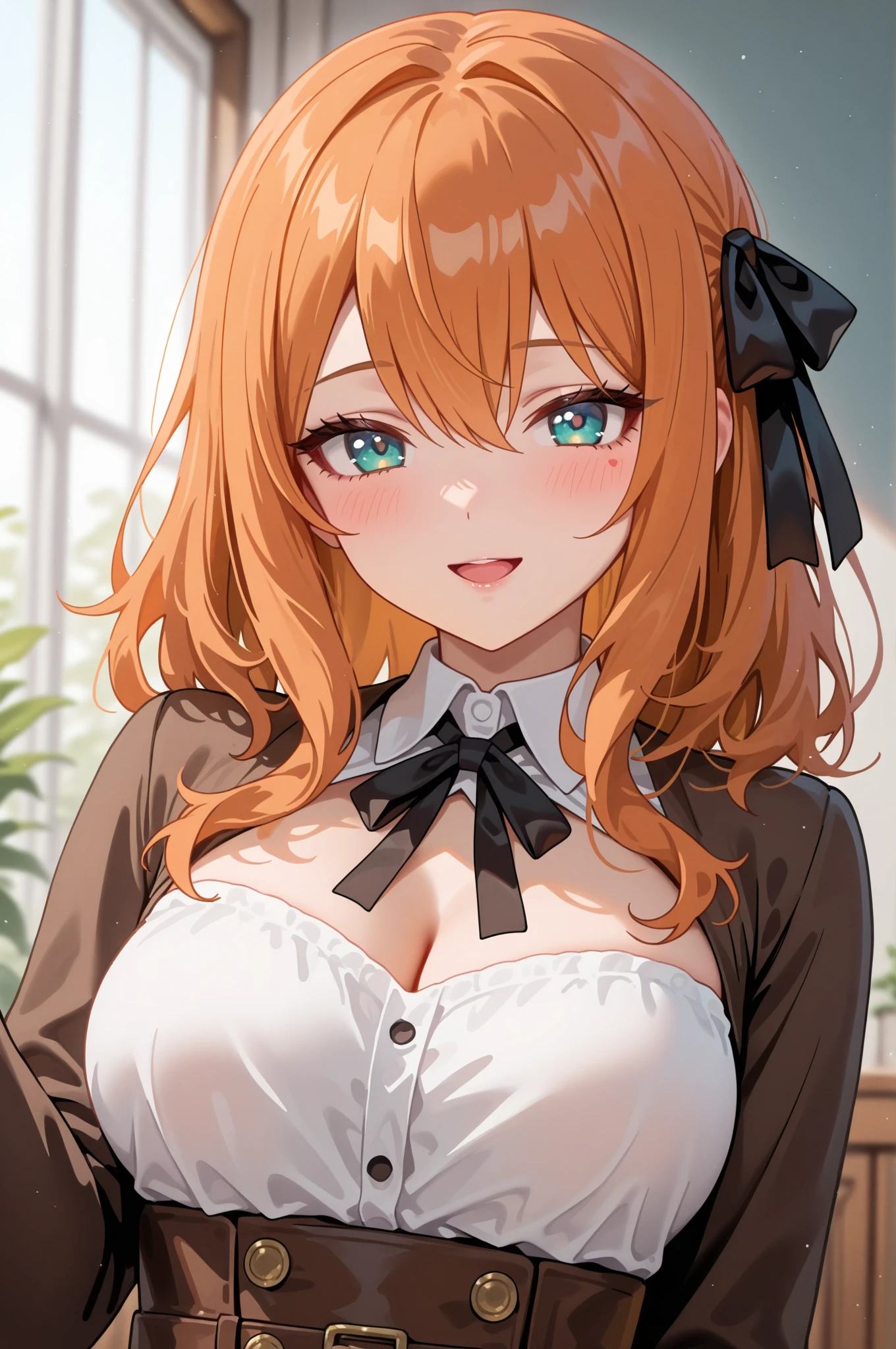1 girl, orange medium hair, Blue eyes, Necklace