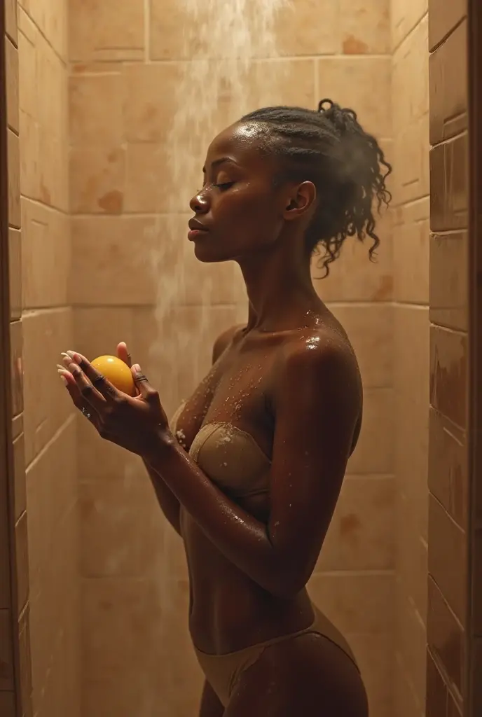 A black girl in a bikini in the shower, enjoying a refreshing juice