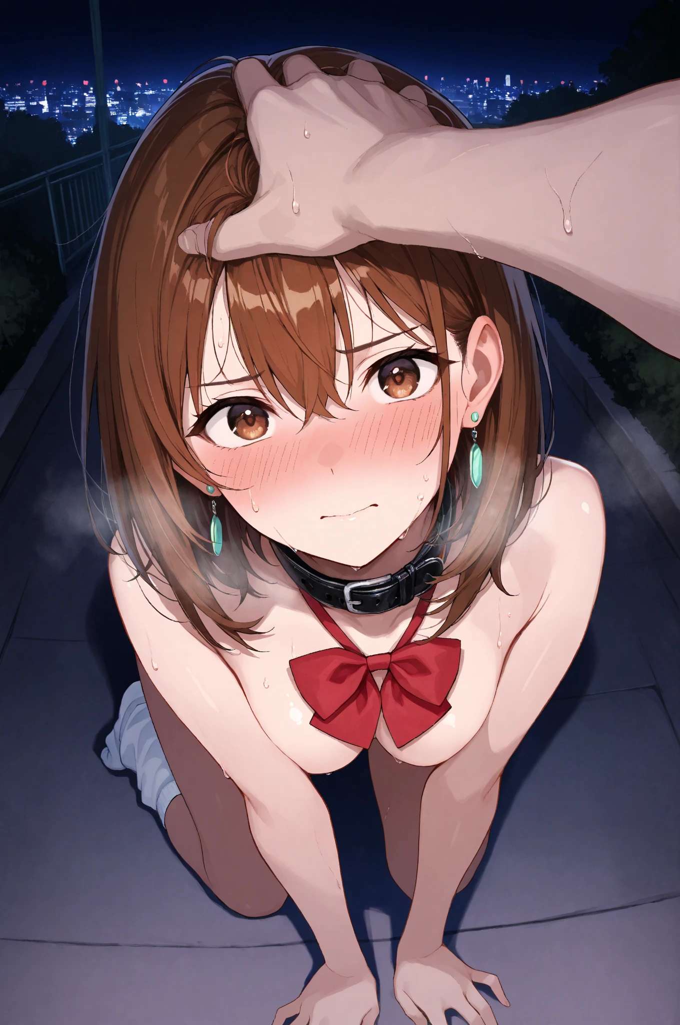 One person、Long Hair、、Black Hair、With bangs、6 year old girl、small、1st grade elementary school students、Baby Face、tears、Crying face、Big eyes、barefoot、black eye、cute、thin、凄くsmall胸、身長のsmall、Spread your legs 、Night view、skin only、Show your whole body、On all fours、((Chained to the wall by a collar))、(((Rope Bondage,))) , ((Upper body naked))、Back view(The whole body is wet with semen:1.3)、((Drooling from the mouth:2))、