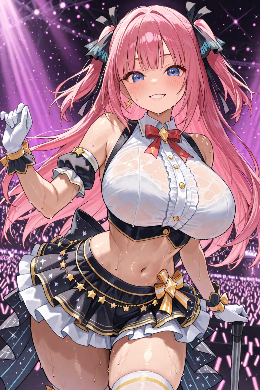 pink hair, long hair, hairpin, Blue eyes,, large breasts, live stage, , solo nipple