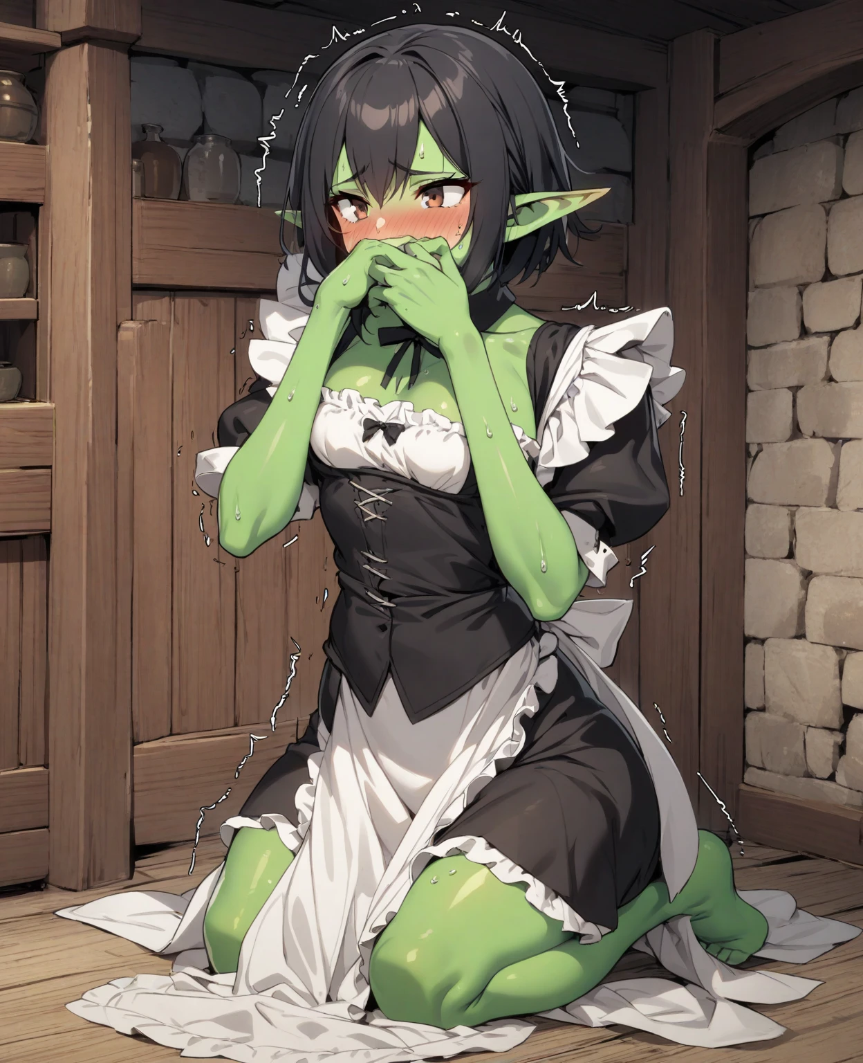goblin girl, (long multicoloured braided hair), pink eyes,colored skin, red skin, flat chest with protruding dark nipples and (dark areolas),smug, (embarrassed lip biting expression),ring earrings,(wearing stacked Ruby Jewel necklace),indoor modern kitchen with sunlight shining through,cowboy shot,hand on own chest,apron, small breasts, punk, wearing techwear, plump thighs,wearing fishnet stockings, tattoos on chest and legs,