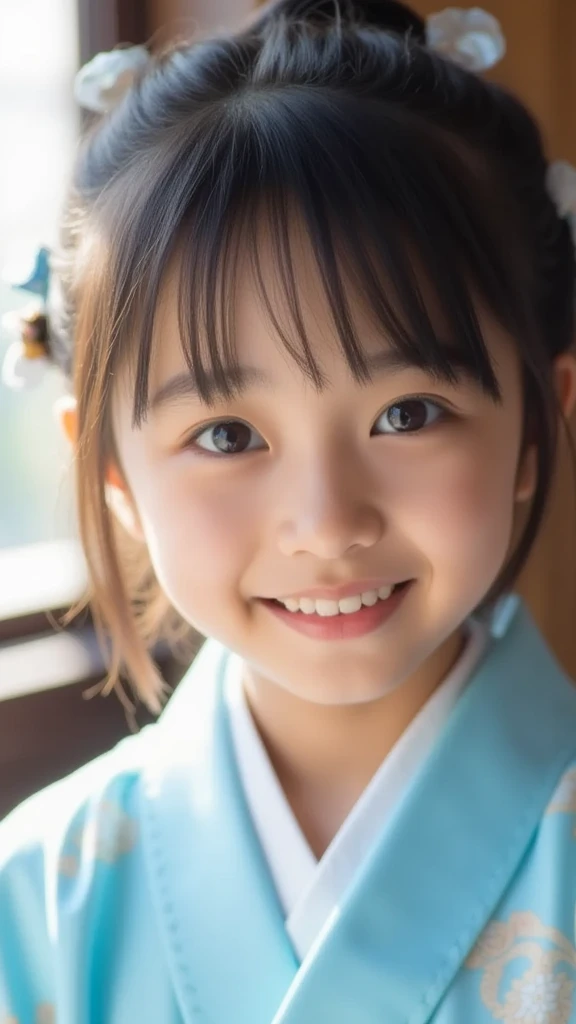 Beautiful 14 year old Japanese female), cute face, (deeply carved face:0.7), (freckles:0.6), soft light,healthy white skin, shy, (serious face), (sparkling eyes), thin, smile, uniform, Braid