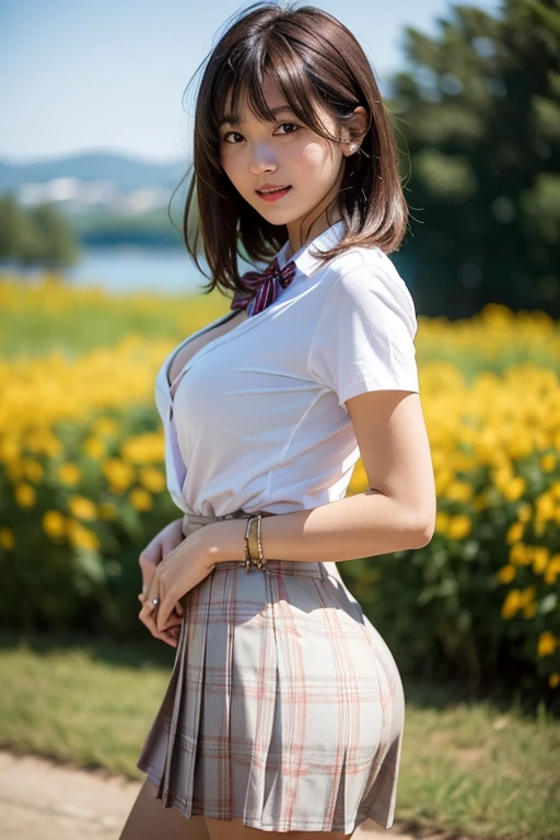 nsfw, 8K raw photo, Best quality, masterpiece, ultra high res, film grain, filmg, 1girl, looking at viewer, natural skin texture, realistic eye and face details, full lips, lipstick, (makeup), red eyeshadow, fluffy short hair, messy hair, smile, close mouth, beautiful legs, tall female, skinny, slim_legs, solo, enormous breast, cleavage, Pose with buttocks facing you, ultra short skirt, ass, shirt, beautiful nature location, around flower location, (detailed background), plaid skirt, white shirt, enormous breast, cleavage, Show a little cleavage through the shirt, loafers, blurry background, blurry, holding, plaid, short sleeves, jk ribbon on the neck, jk ribbon, brown hair, bracelet, water, bangs, , jewelry, parted lips, lips, from side, pleated skirt, depth of field