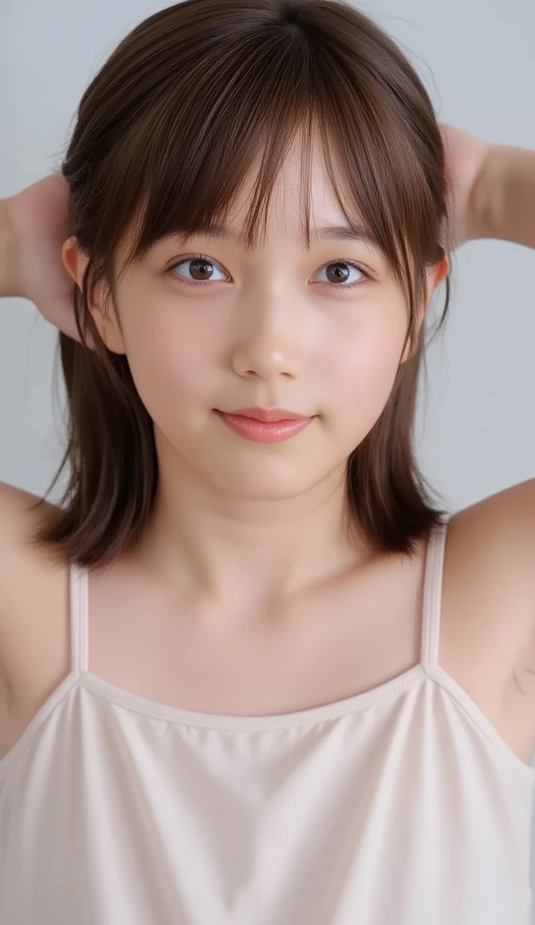 highest quality, Realistic, 8K, High resolution, 1 Girl, woman, (Skin dents), (Portraiture:0.6), nice, ((White Background, Completely naked, Small breasts:1.65)), (Brown hair in twin tails, Parted bangs:1.4), Watching the audience, (1 Girl eyes Watching the audience:1.6), Realistic, (Bokeh), (Closed Mouth, smile:1.3), nice, Purelos Face_V1:1,