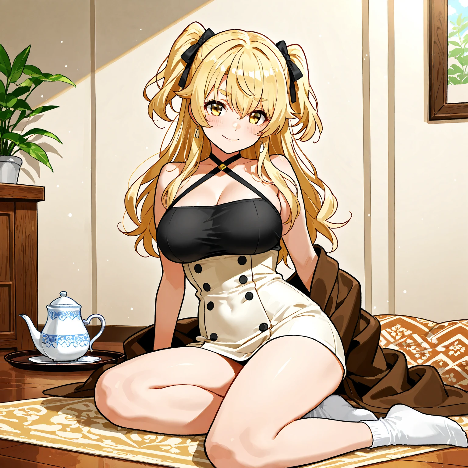 (one person:1.5)、blonde、big breasts、curly hair、twin tails、white one piece dress、