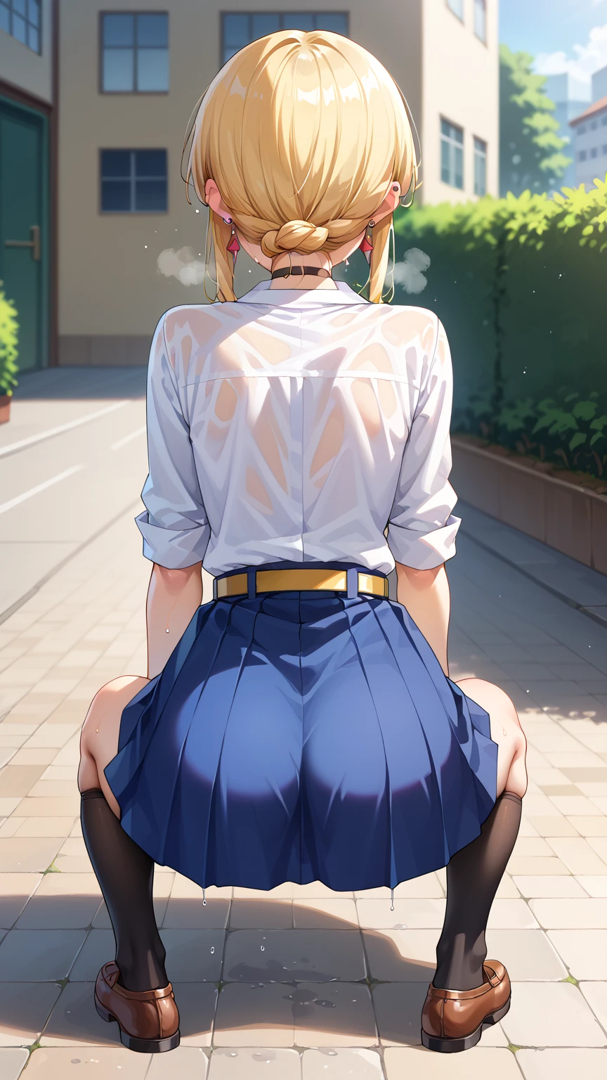 Yukana Yame, Yukana Yame, Long hair, Bangs, Blonde hair, hair between eye, (Green eyes:1.5), Ponytail, multicolored hair, Scrunchie, High Ponytail, lip stick, gals, Kogal, makeup,BREAK skirt, Shirt, Jewelry, School uniform, 鎖骨, White shirt, Pleated skirt, Collared shirt, Miniskirt, Bracelet, Green skirt,Naughty big、large full breasts、BREAK looking at viewer, Full body,BREAK (masutepiece:1.2), Best Quality, High resolution, Unity 8k壁纸, (Illustration:0.8), (Beautiful detailed eyes:1.6), extra detailed face, Perfect Lighting, extremely details CG, (Perfect hands, Perfect Anatomy),A smile、Stand on the escalator, (By up escalator), (lower body shot), Thigh Focus, (taken from the under:1.3), (view from back:1.3)、 (white panties:1.3)、(Skirt that rolls up:1.3)、(Fully exposed panties:1.5),,plein air、outside of house、