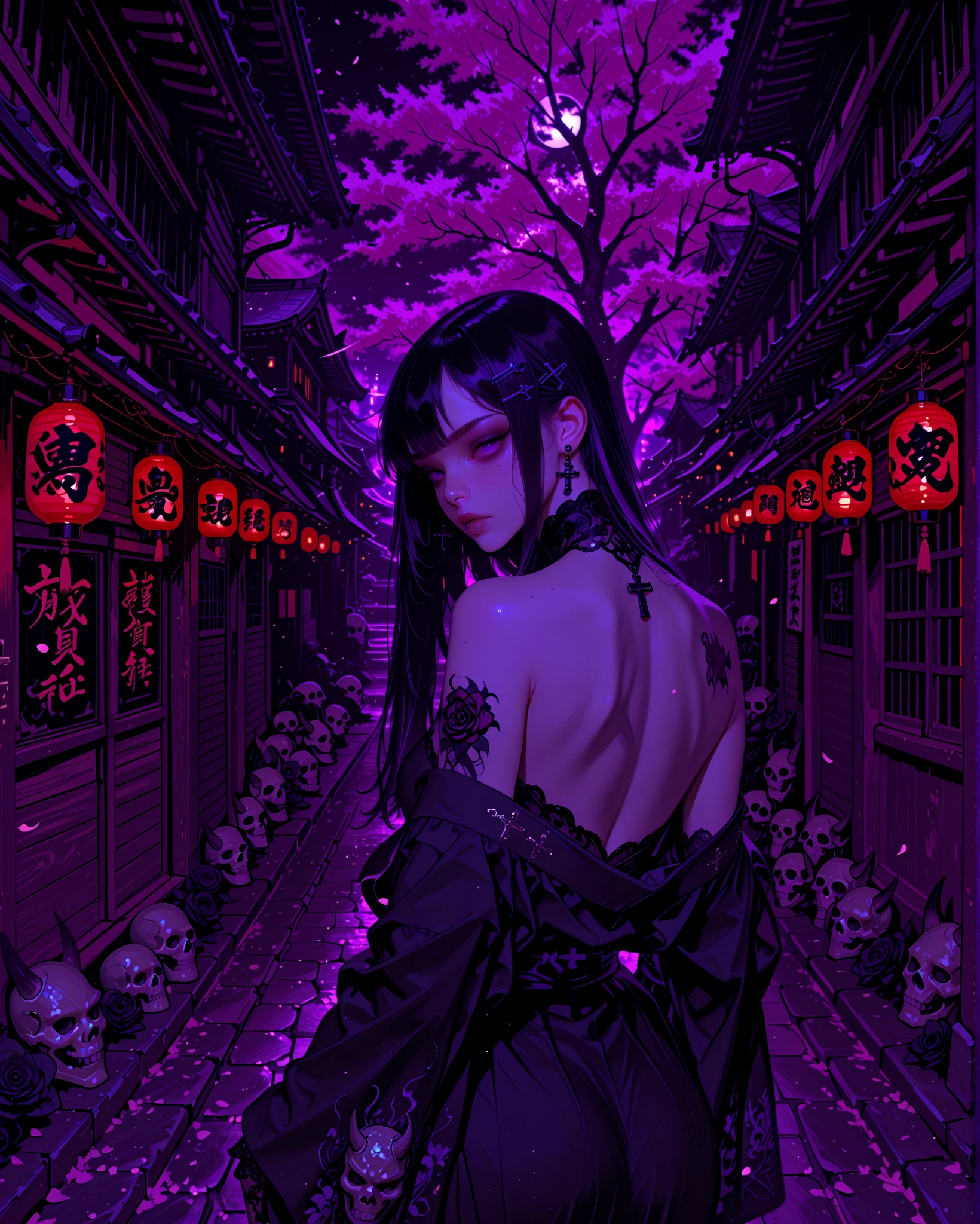 Gothic Yakuza girl seen from behind. She wears a long, elegant black kimono with gothic details (dark lace, crosses, and subtle metallic embroidery), the fabric slightly sliding off her shoulders to reveal her bare back. Her pale back is fully covered with traditional Japanese yakuza tattoos: a fierce dragon intertwined with cherry blossoms, koi fish, and oni mask, but with a gothic twist — dark ravens, skulls, and black roses blending with the traditional ink. Her hair is styled in a gothic way, long straight black hair with purple tips, adorned with dark hairpins. She stands in a dramatic pose, back towards the viewer, slightly turning her head to the side, her face half-visible with a cold, intimidating expression. The scene is set in a dimly lit Japanese alley or temple, illuminated by red and purple neon lights mixed with lanterns. Mist surrounds her, enhancing the aura of mystery and menace. She radiates authority, elegance, and gothic yakuza power.
