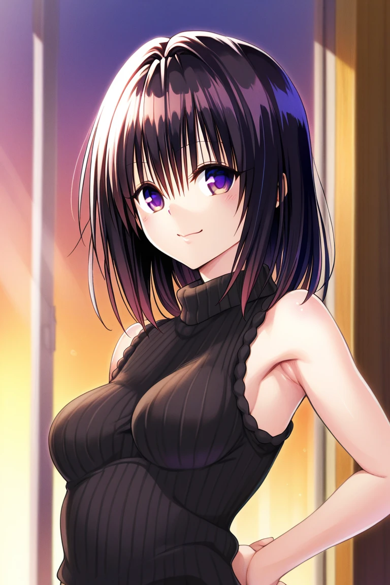 (anime art style:0.1), 2d, masterpiece, best quality, (very aesthetic:1.5), absurdres, dynamic shadows, atmosferic, (kitagawa marin), (1girl), ((black hair)), bob cut, medium hair, (red eyes), sparkle eyes, detailed eyes, eyelashes, ahoge, hair between eyes, bangs, medium breasts, cleavage, makeup, lipstick, (curvy body), big thighs, sexy, jewelry, strapless, long sleeves, fluffy dress, black dress, long dress, lace-trimmed thighhighs, garter straps, covered nipples, ((cowboy shot)), looking at viewer, standing, ((hands on own breasts)), ((cum)), (from front), disco