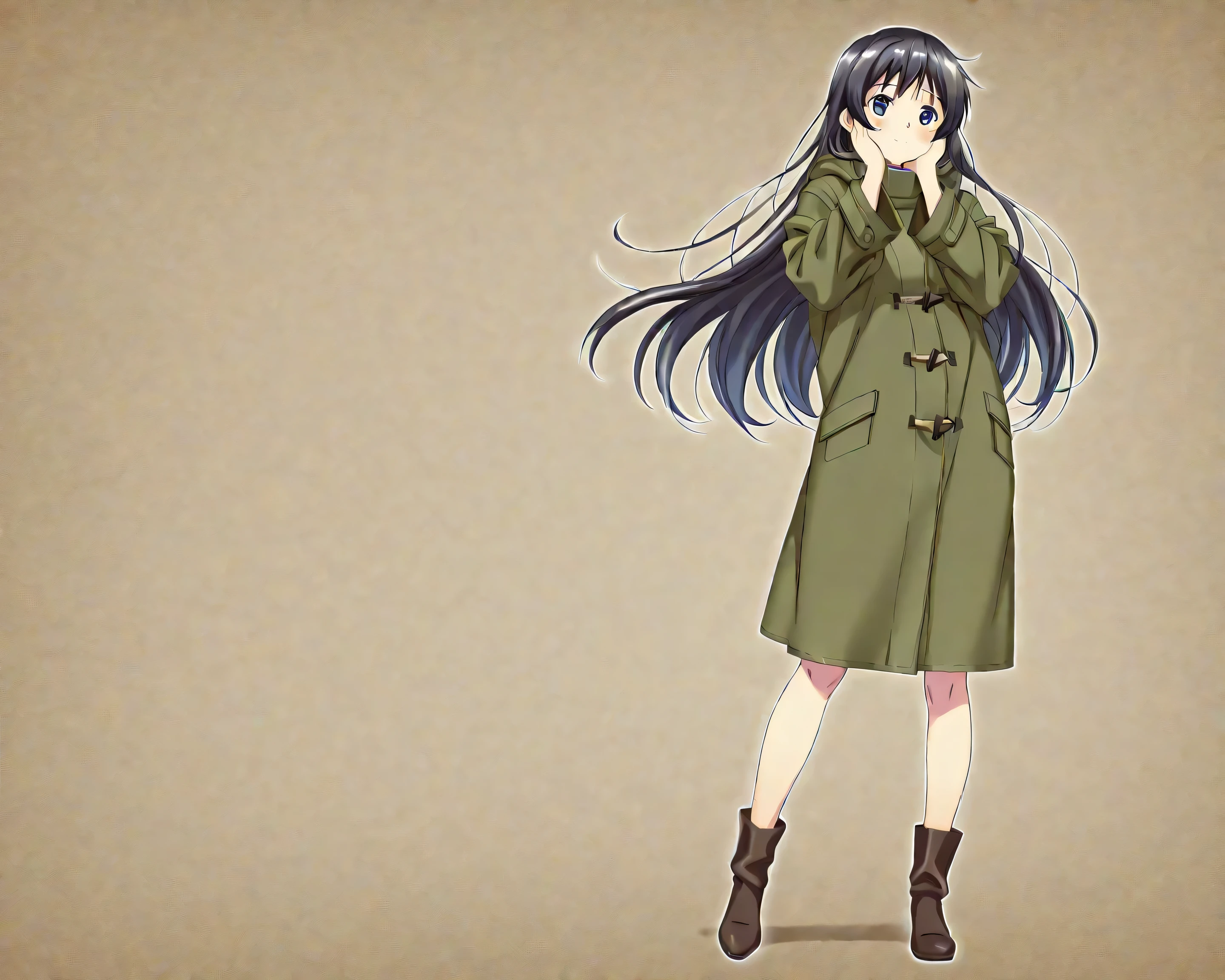 Japanese woman in her early 20s、Slightly long black hair、Bangs hanging over cheeks、in plain clothes wearing a simple coat、with a slightly lonely expression、anime style、soft light、The background is monochromatic blue(for chroma key)、with a clear outline of the figure、Standing Full Body