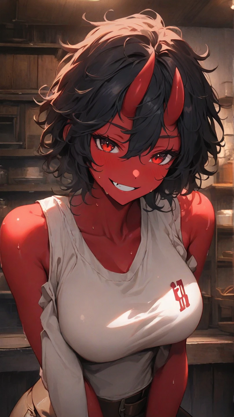 best quality, anime illustration, ((glowing red markings, red glowing cracks)), darkness, sitting, hand on own face, serious, 1girl, colored skin, black skin, dark-skinned female, breasts, medium breasts, (triple bun, pixie cut:1.3), gray eyes, bandeau, bare shoulders, bare arms, lava theme, molten theme, simple background