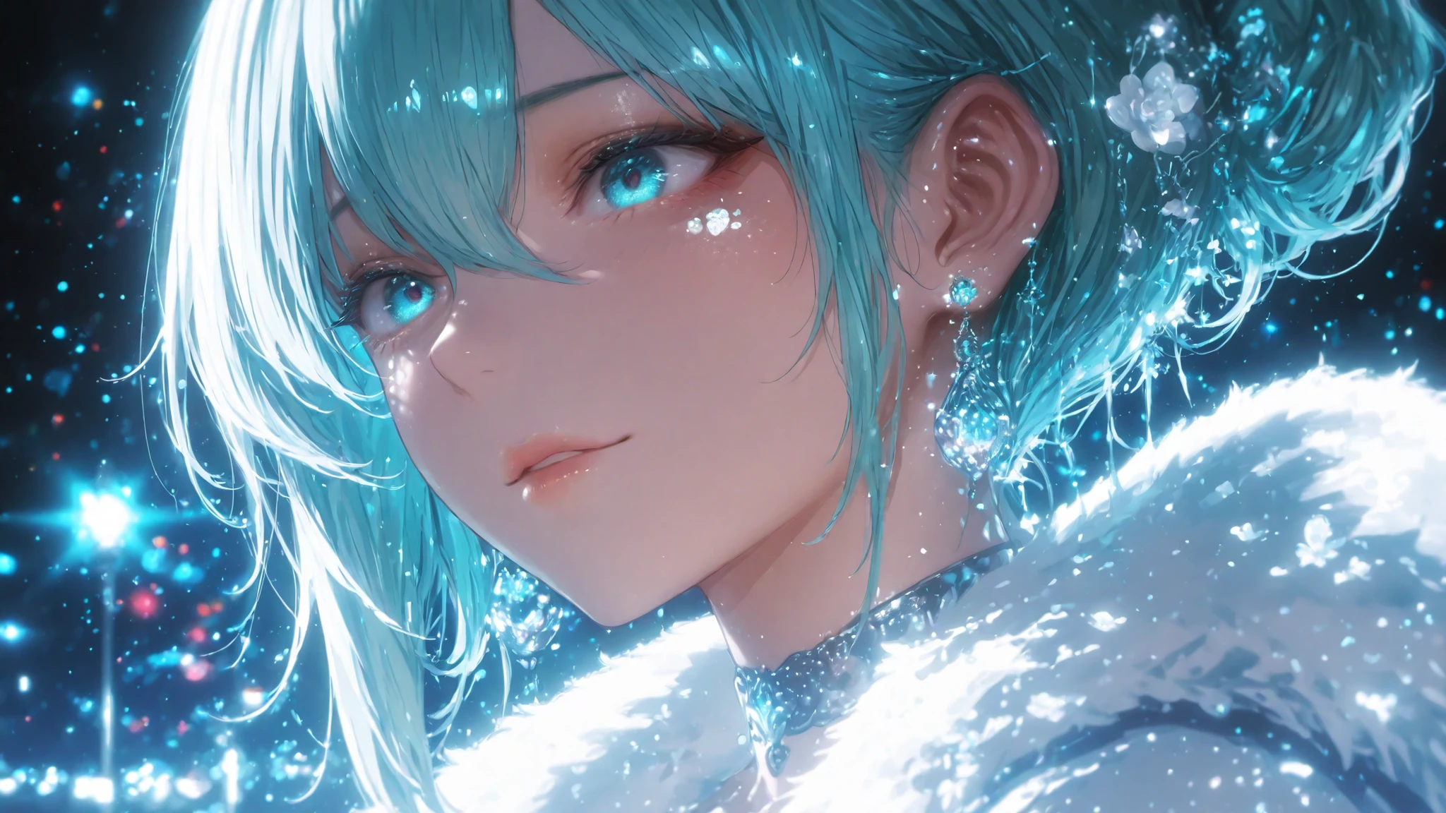 Stunning Beauty 1 Adult Woman， solo，Super-realistic Close-up Portraits of Anime Characters, inspired by Weiwei from "Weiwei: Fluorite Eye Song", Elegant expression , Charming aqua blue eyes, Smooth Futuristic Hairstyle, Movie lights, Perfect Anime Skin, Strong Presence, Goddess-like temperament, Expressive and Emotional Faces, high detail, perfect symmetry