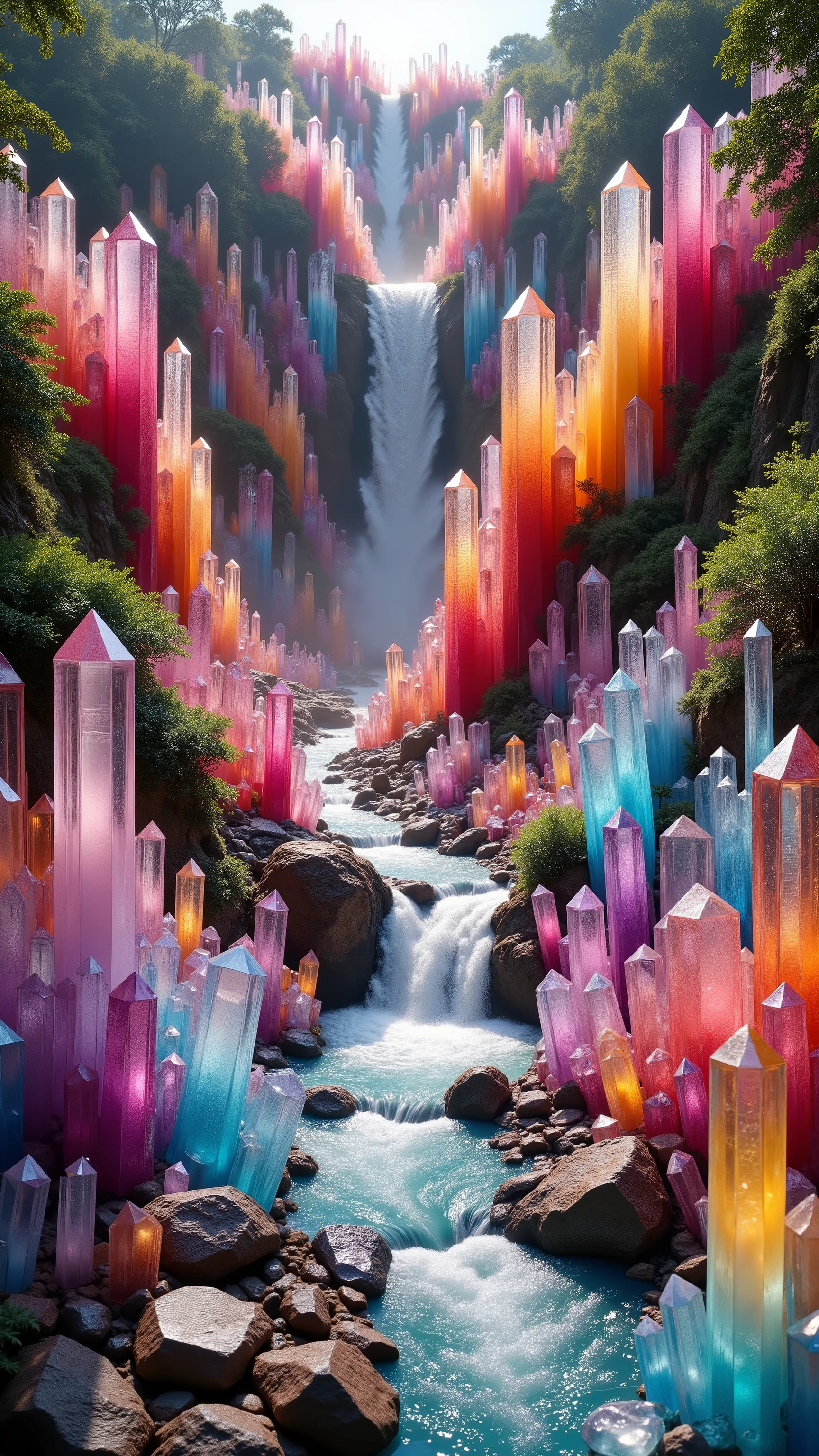 A cliff that is 300 feet tall made up of hundreds of gigantic translucent quartz crystal points that are different colored pillars in a tropical rainforest. In the middle of these partially see-through crystals is an incredible gushing, cascading waterfall that pours into a stream that is lined with smaller quartz crystals 20 to 40 feet tall. In hues of Pink, Red, Orange, Yellow, Blue, and purple, there are hundreds of crystals and radiate color in the bright full sunlight of the day.
intricate rainbow environment, colorful crystals, colourful 3D crystals, colourful 3D crystals and gems, multiple layers of crystals pillars, colourful 3d crystals and gems, crystal forest, colorful crystal filled ravine, extraordinary crystal and waterfall landscape, no spaces in between crystals, fantasy tropical crystal island, crystal color, neon colors and atmosphere, ultra-realistic, photo-realistic, ultra-detailed, physically-based rendering, extreme attention to detail, full focus, highest quality images, cinematic photography, cinematography, icon style, iconic character, iconic, Parted Lips, Makeup, Wide-Eyed, Kubrick Stare, Best Quality, Action Painting, Masterpiece, white long dress, masterpiece