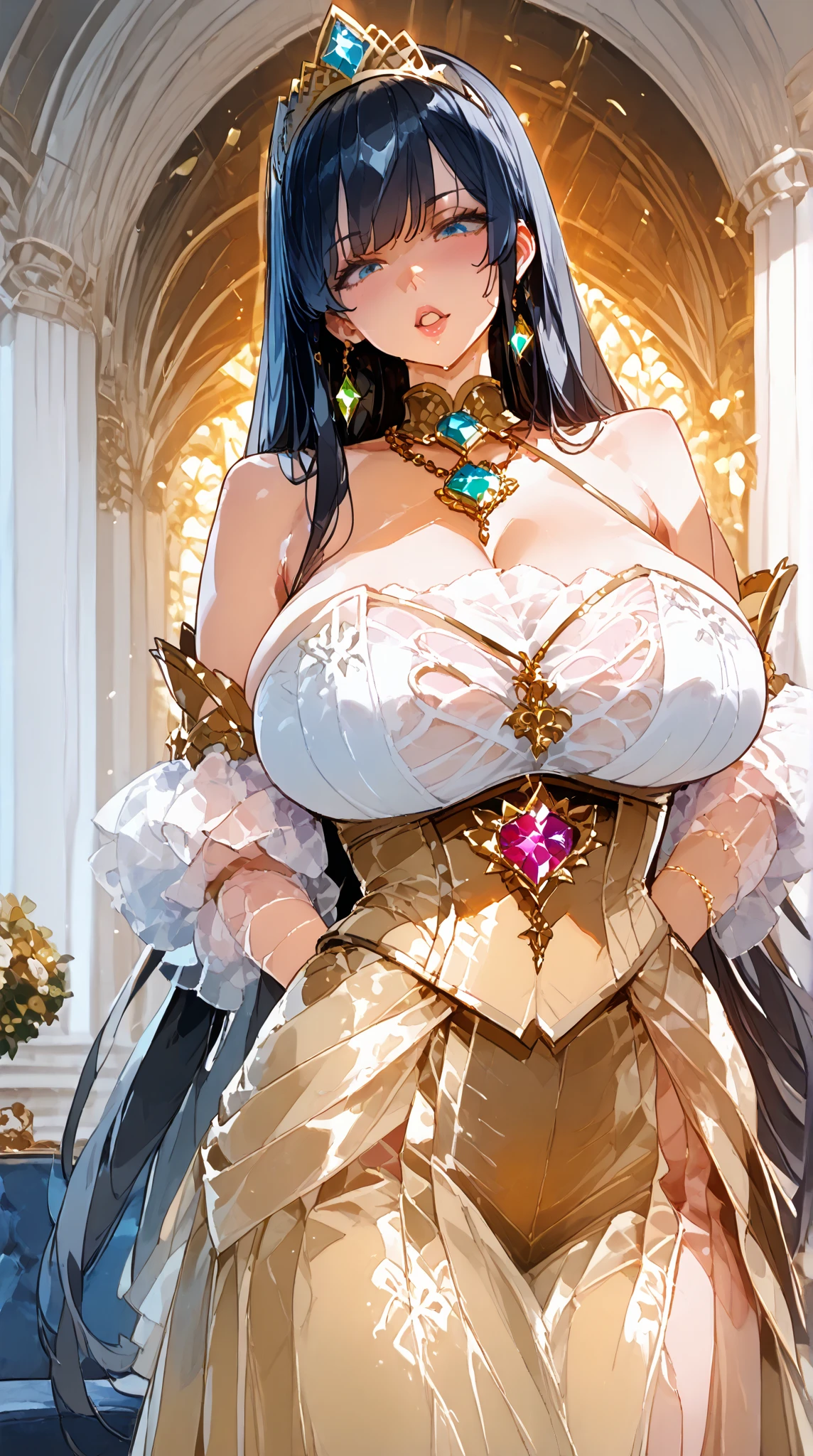 (masterpiece, best quality,extremely detailed:1.1),(moe anime art style:1.3),1girl,((full body,focus face)),((solo)), cute, kawaii,digital art,((1 princess wearing beautiful embroidery and jeweled gorgeous princess rococo ballgown with voluminous full length hoop skirt)),((crinoline)),long train,voluminous frills,See-through,(gorgeous embroidery and beautiful lace),(((gigantic tits))),skindentation,cleavage,shiny hair,(((very long hair,very long straight hair))),((finely detailed face and eyes)),clear pupil,extremely gorgeousfull hair ornament,(bling-bling jeweled extremely gorgeousfull tiara),(bling-bling gorgeous gemstone jewelry),long veil,(beautiful background),full body,((beautiful embroidery and jeweled gorgeous princess rococo ballgown with voluminous full length hoop skirt))