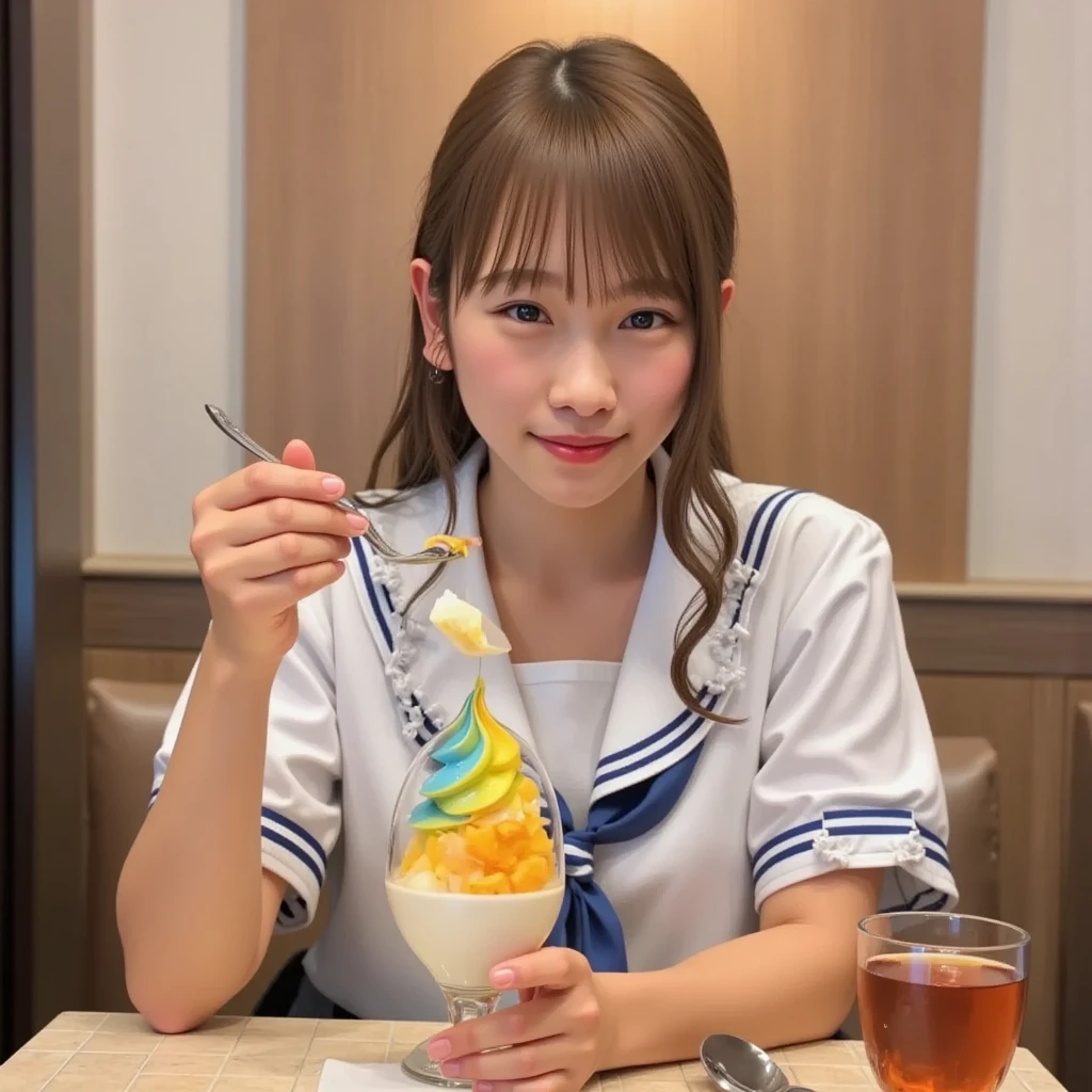 Tabletop, Highest quality, figure, Super detailed, In detail, High resolution, 8k wallpaper, Perfect dynamic composition, 1 beautiful girl, Beautiful attention to detail, (Look at the parfait), Girly blue blouse, Medium Hair, Normal chest, Natural color lip, Random Pause, smile, Open your mouth:1.2, Stylish cafe, 20-year-old girl, sit, One girl, alone, Open your mouth, Brown short hair,View your viewers, White shirt, bow,Holding, jewelry, Earrings, food, indoor, Plaid, eat, Holding food, Realistic, ice cream, ice cream cone、(Beautiful Japanese Girls:1.3)、(School uniform:1.4)、(Panty shot:1.5)、(high school),(Dark blue skirt:1.3)、(Licking ice cream in the classroom:1.3)