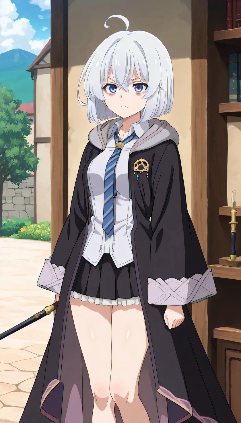 {{{masterpiece}}}, (best quality:1.5), (ultra-detailed:1.5), {illustration}, {{an extremely delicate and beautiful}}, (beautiful detailed eyes:1.2), absurdres, highres, extremely detailed face, 16k, hd, visual anime de uma jovem mulher, extremamente bonito rosto de anime, anime melhor garota, (perfect hands, perfect anatomy), anime face, elaina (majo no tabitabi), elainchar, 1girl, solo, cute face, (bob cut:1.2), white hair, ahoge, hair between eyes, square face, pointed chin, (bags under eyes:1.2), (big eyes:0.9), blue eyes, medium breasts, big hips, curvaceous, BREAK, (no hat:1.1), purple shirt, long shirt, (shirt tuck out:1.3), collared shirt, (wizard robe:1.3), (long robe:1.2), black robe, hooded robe, open robe, long sleeves, wide sleeves, (blue striped regular tie:1.3), brooch, black skirt, pleated skirt, (mini skirt:1.5), (white petticoat:1.2), bare legs, black footwear, witch shoes, BREAK, pointed stick, have a wand wood, (baton point the wand wood:1.2), stern expression, angry, from side