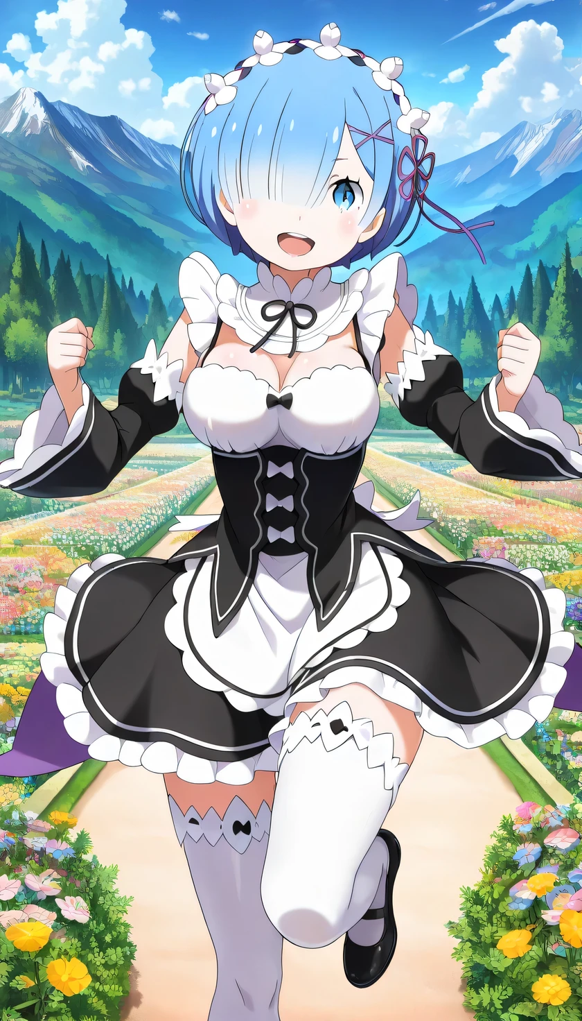 {{{masterpiece}}}, (best quality:1.5), (ultra-detailed:1.5), {illustration}, {{an extremely delicate and beautiful}}, (beautiful detailed eyes:1.2), absurdres, highres, extremely detailed face, 16k, hd, visual anime de uma jovem mulher, extremamente bonito rosto de anime, anime melhor garota, (perfect hands, perfect anatomy), anime face, rem (re:zero), 1girl, solo, cute face, blue hair, short hair, hair over one eye, blue eyes, hair ornament, x hair ornament, flushed cheeks, big breasts, thin waist, big hips, curvaceous, BREAK, maid, {roswaal mansion maid uniform}, detached sleeves, black sleeves, black ribbon, white thighhighs, apron, black skirt, maid shoes, thighs, zettai ryouiki, BREAK, smiling, looking at viewer, open mouth, flushed cheeks, flash effect, outdoor, mountain, daytime, forest, flower garden, field, sunshine