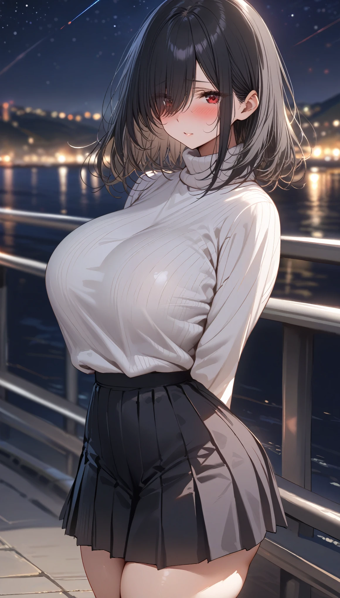 (masterpiece, best quality, super detailed, best shadows), (detailed background,), raining, rainy night, night, full moon, 1 girl, solo, solo female, 18, Vampire, sitting alone, sitting on a park bench at night, cautht in the rain, wet, drenched, soaked, gothic school uniform, long black hair, black fishnet stockings, glowing red eyes, shy expression, shy, shaking, trembling, shivering, soaking wet, wet hair, wet chest, exposed chest, gigantic breasts, massive boobs, thick thighs, open shirt, displaying cleavage, gothic, goth, black lipstick, black lips, black eye liner, black eyeshadow, plump thighs, voluptuous, timid, Tokyo Japan, japanese paper lantern, japanese girl, anime,