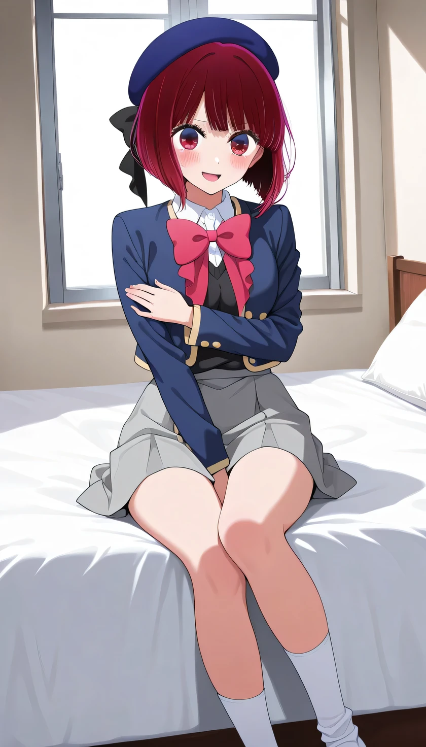 {{{masterpiece}}}, (best quality:1.5), (ultra-detailed:1.5), {illustration}, {{an extremely delicate and beautiful}}, (beautiful detailed eyes:1.2), absurdres, highres, extremely detailed face, 16k, hd, visual anime de uma jovem mulher, extremamente bonito rosto de anime, anime melhor garota, (perfect hands, perfect anatomy), anime face, Arima Kana (Oshi No Ko), kana arima, 1gril, solo, cute face, Red hair, very big eyes, short hair, bob hair, bangs, (red eyes:1.5), (High resolution eyes, Beautiful eyes, Light in the eyes), medium breasts, big hips, curvaceous, BREAK, blue beret, {Yoto High school uniform}, {school uniform}, (blue jacket:1.3), long sleeves, cropped jacket, (open jacket:1.2), pink bow tie, big bowtie, white collared shirt, (black sweater:1.3), mini skirt, (gray skirt:1.5), knee socks, white socks, BREAK, daytime, indoor, bedroom, on the bed, window, sunlight, open mouth, smiling, confession, embarrassed, flushed cheeks,from front, looking at viewer, covering chest by one hand, knees together feet apart, sit