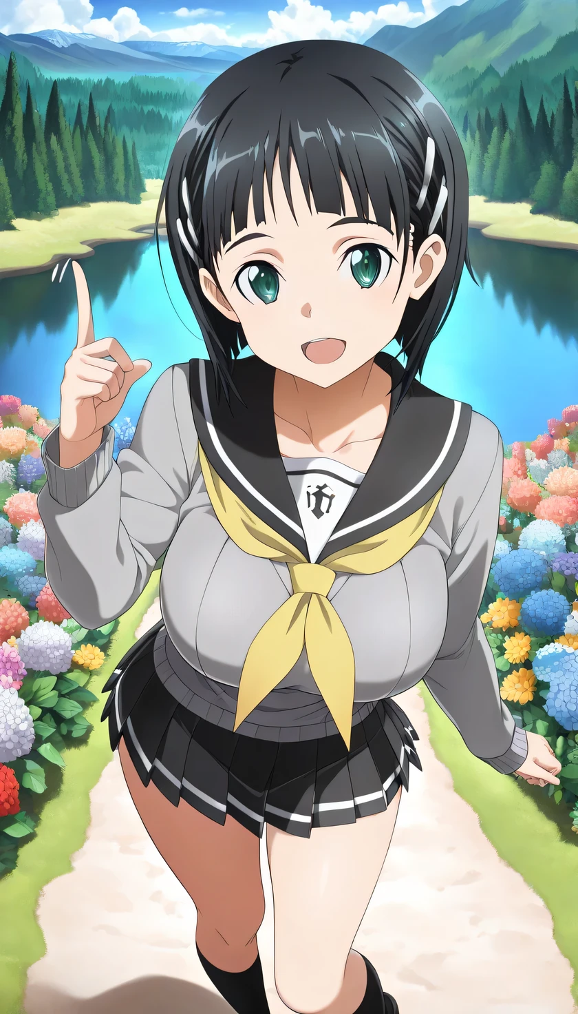 {{{masterpiece}}}, (best quality:1.5), (ultra-detailed:1.5), {illustration}, {{an extremely delicate and beautiful}}, (beautiful detailed eyes:1.2), absurdres, highres, extremely detailed face, 16k, hd, visual anime de uma jovem mulher, extremamente bonito rosto de anime, anime melhor garota, (perfect hands, perfect ), anime face, suguha kirigaya(Sword Art Online), aasuguha, 1girl, solo, cute face, short hair, black hair, bangs, hair ornament, hairclip, (green eyes:1.3), big eyes, , big , curvaceous, thighs, BREAK, {school uniform}, {serafuku}, (grey sweater:1.3), long sleeves, grey sleeves, black sailor collar, (yellow neckerchief:1.2), tuck out sweater, pleated skirt, black skirt, (mini skirt:1.2), black crew socks, BREAK, cute face, open mouth, smiling, standing on the lake, from above, outdoor, mountain, forest, flower garden, (cute gestures:1.2), mysterious