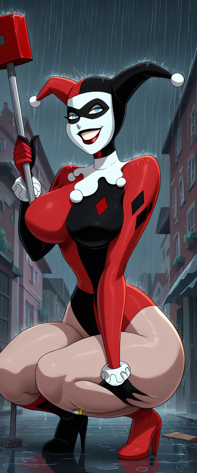 1girl, Cruella DeVille from 101 Dalmatians (curvaceous, massive breasts, cleavage, devilish smile) as a sultry armed hitman for hire with a Derringer tucked in a garter with white hair and black highlights and red lipstick, a tattoo by Steve Argyle, Tumblr, pop art, Cruella DeVille, taken in the late 2010s, evil smirk, mean smirk, proud smirk, crazy black and white hair, Demi Moore, smug smirk, grim expression, Emma Stone witch queen