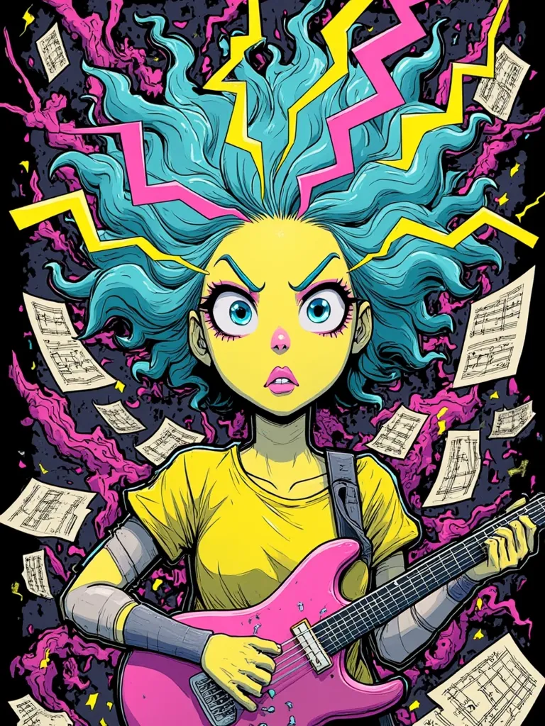 <lora:r3mbr4ndt_001:1> r3mbr4ndt. Line Drawing. Full body shot of Jem and the Holograms, performing on stage, Spotlights and bright colorful music show lights, silhouetted crowd of people around the photographer, Jem singing on a mic, and her band mates in the background playing their instruments, 80s/90s aesthethic, cyberpunk style, cyberwear, extreme upward angle, sfw