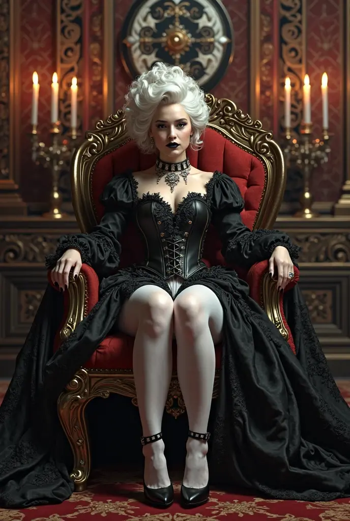 A portrait of a mysterious woman sitting in an ornate, gothic throne room, with subtle elements of fantasy and magical realism, painted with the dark and dramatic style of the Baroque period.