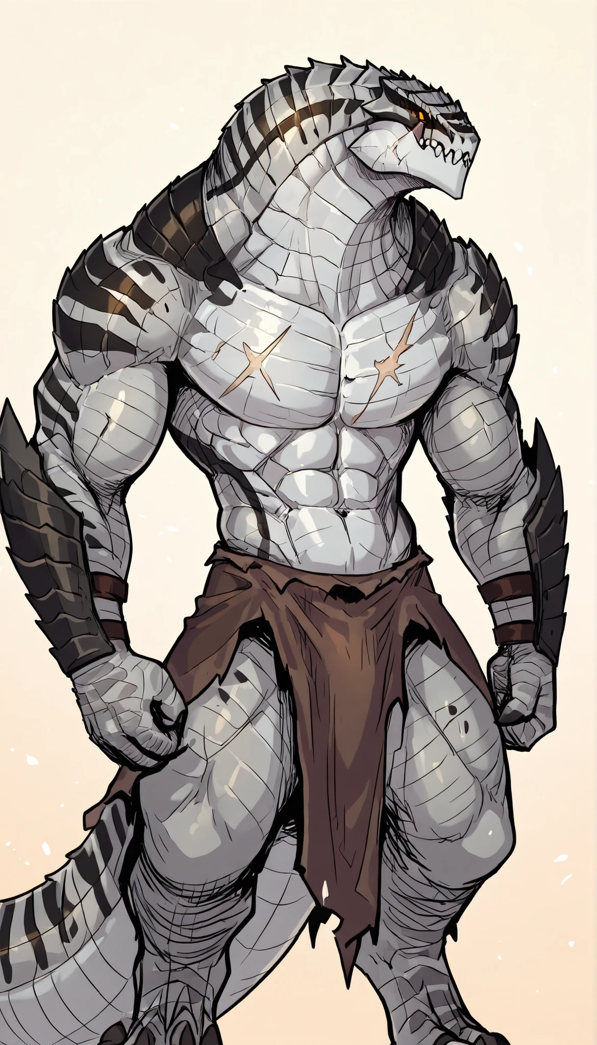 Muscular monster lizardfolk, solo, blue tongued skink lizardfolk, strong, tribal clothing, black belly, scars on body, 1male solo, anthro, digitrade legs, muscular, thick tail, thick neck, marked jaw, wearing a loincloth, best quality, 4k, ultra-detailed, by laobai, by taran fiddler, by honovy, by null-ghost, by thebigslick, simple gradient background