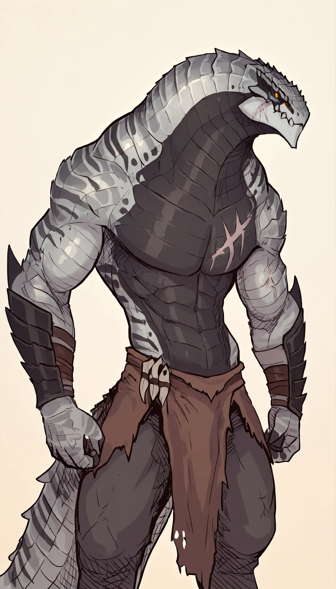Muscular monster lizardfolk, solo, blue tongued skink lizardfolk, strong, tribal clothing, black belly, scars on body, 1male solo, anthro, digitrade legs, muscular, thick tail, thick neck, marked jaw, wearing a loincloth, best quality, 4k, ultra-detailed, by laobai, by taran fiddler, by honovy, by null-ghost, by thebigslick, simple gradient background, dnd