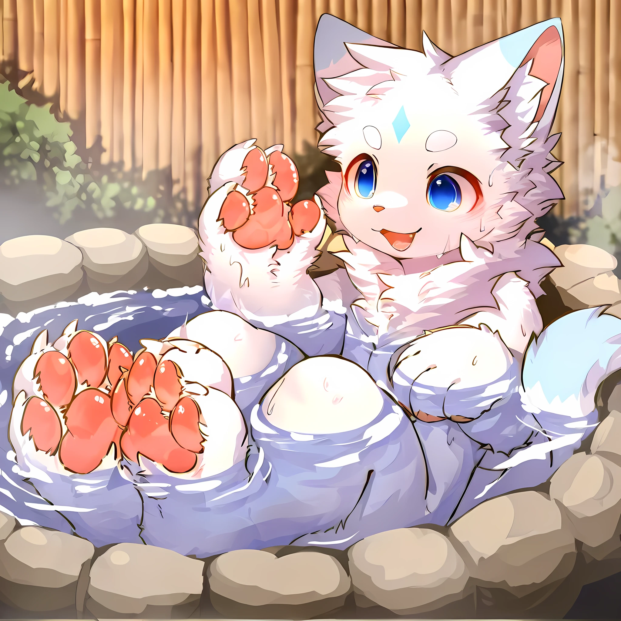 Young male white cat, Pure white skin, Sitting in large onsen, only head is out of water, the whole body is underwater except head, Wet, Tail, Pawpads, Animal hands and feet, highres, masterpiece, best quality