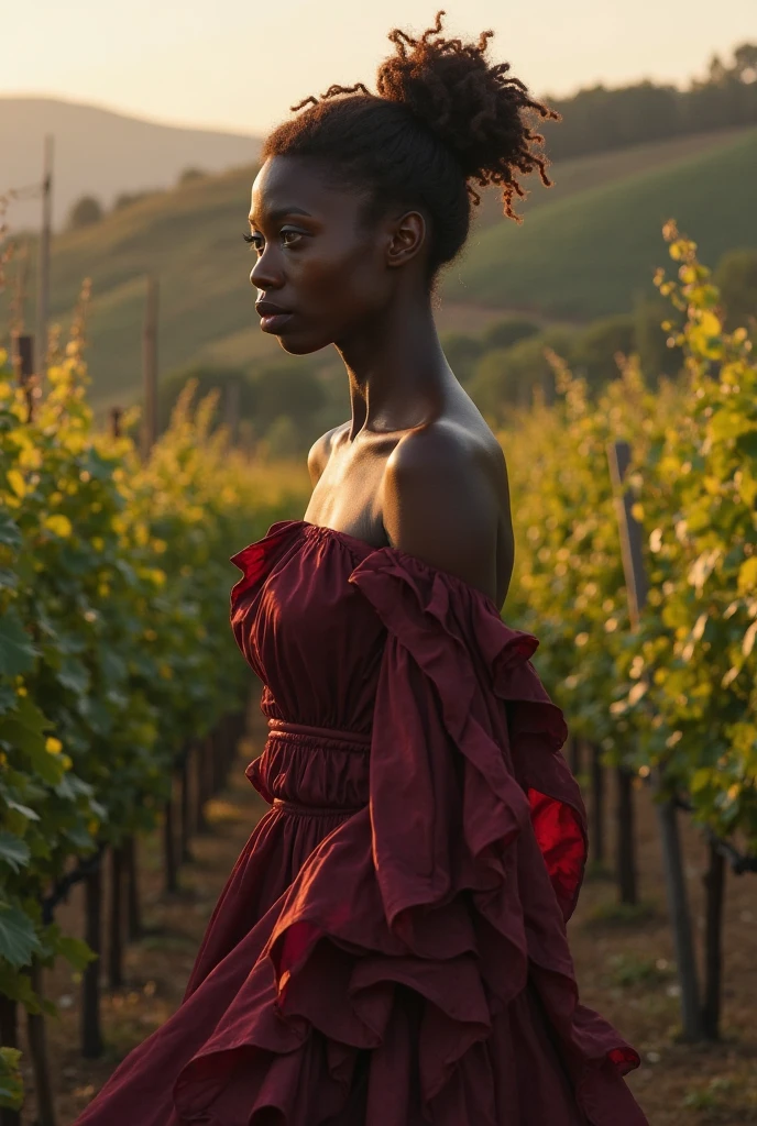 Black woman not showing her breasts in white dress with red flower landscapes
