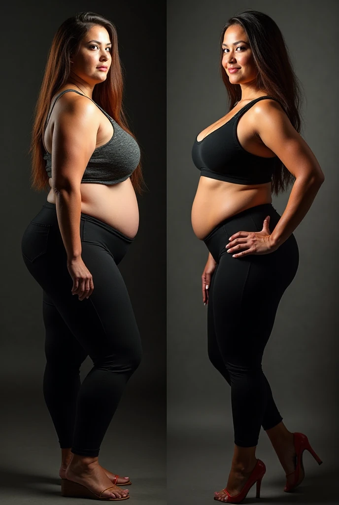 Listen, I want 2 photos of the woman. Before T, the woman was fat, 80 kg, then she lost three weight, Now she is 30 kg Show the transformation so that the woman is half fat and half thin