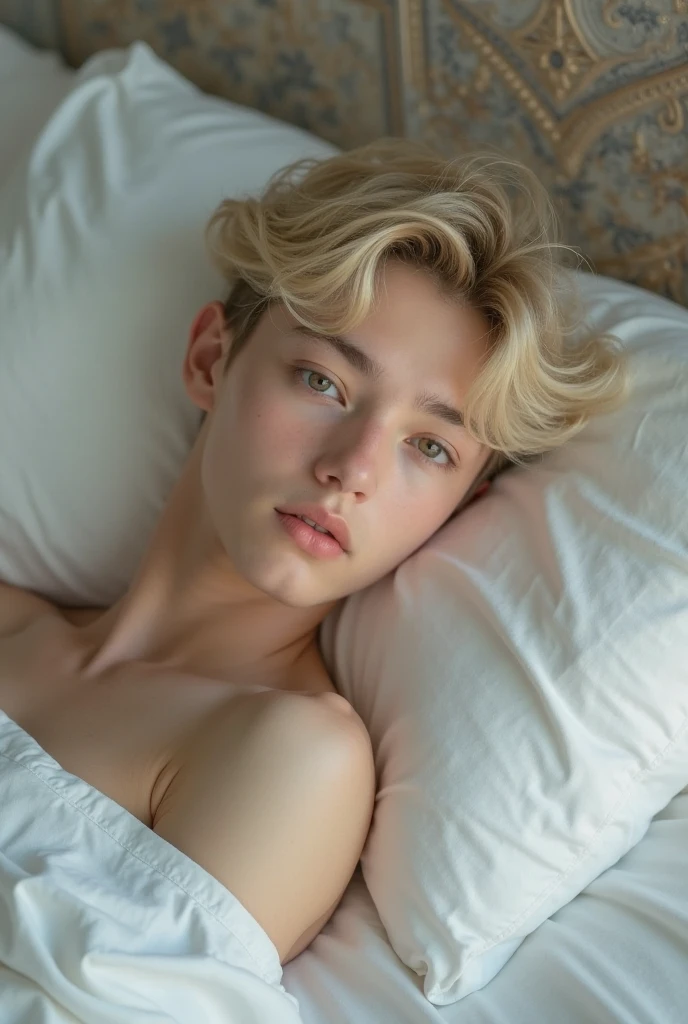 Portrait of a 16 year old young man, shirtless, blushing, blonde, in bed, red velvet, handsome supermodel, Greek profile, Greek face, strong jaw, white skin, extremely pale skin, attractive boy, blonde boy, cinematographic, best quality, sharpness, focus on the boy, anatomical perfection, golden ratio, open legs, red underwear, bluge, perfect anatomy, perfect symmetry, facial symmetry, body symmetry