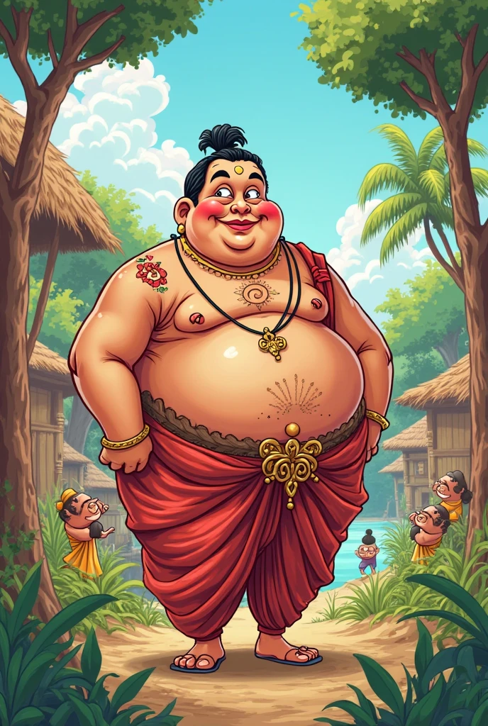 Onam king mahabali big belly cutr amine cartoon photos with king crown and  a mythical king of Kerala and a descendant of the sage Kashyapa.maveli wear footwear, satin dhoti, a decorated breastplate, ornaments, theking crown and olakkuda (umbrella made of palm leaves). Cute and lovely pic